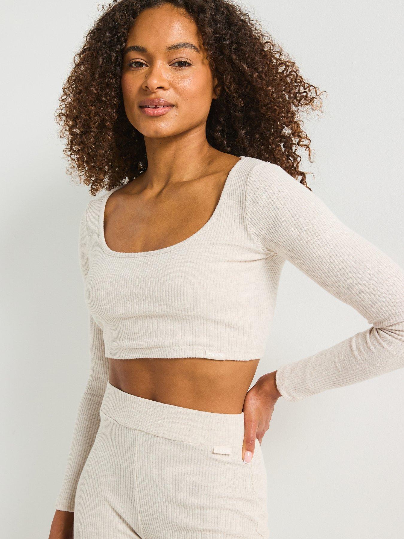 Gym King Women's Rib Square Neck Long Sleeve Tee - Beige
