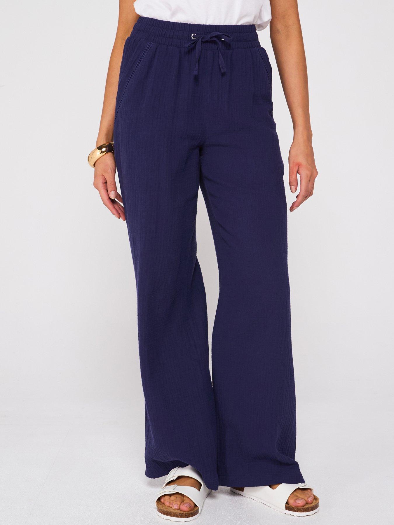 V by Very Crinkle Wide Leg Trousers - Navy