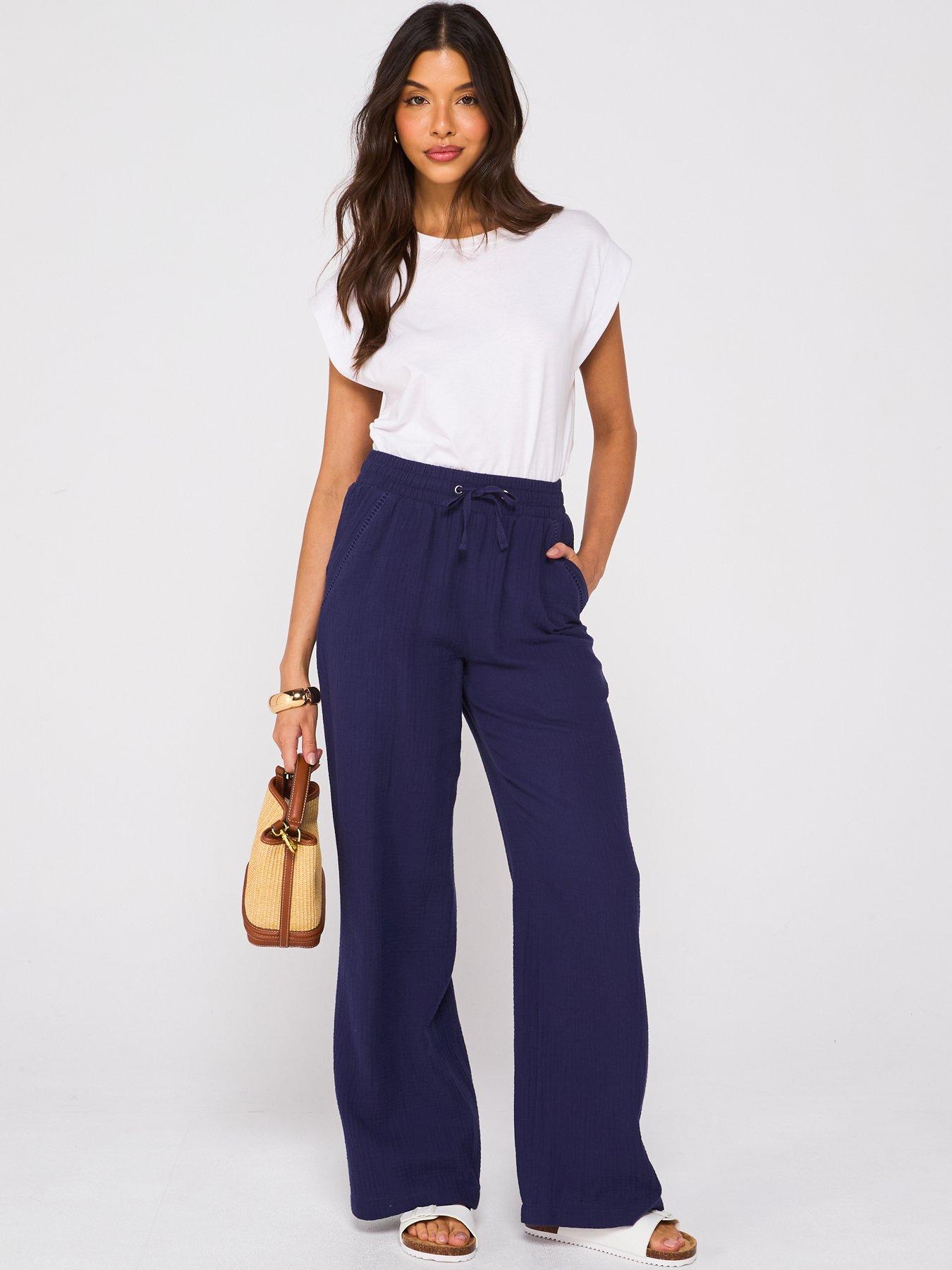 Image 3 of 6 of V by Very Crinkle Wide Leg Trousers - Navy