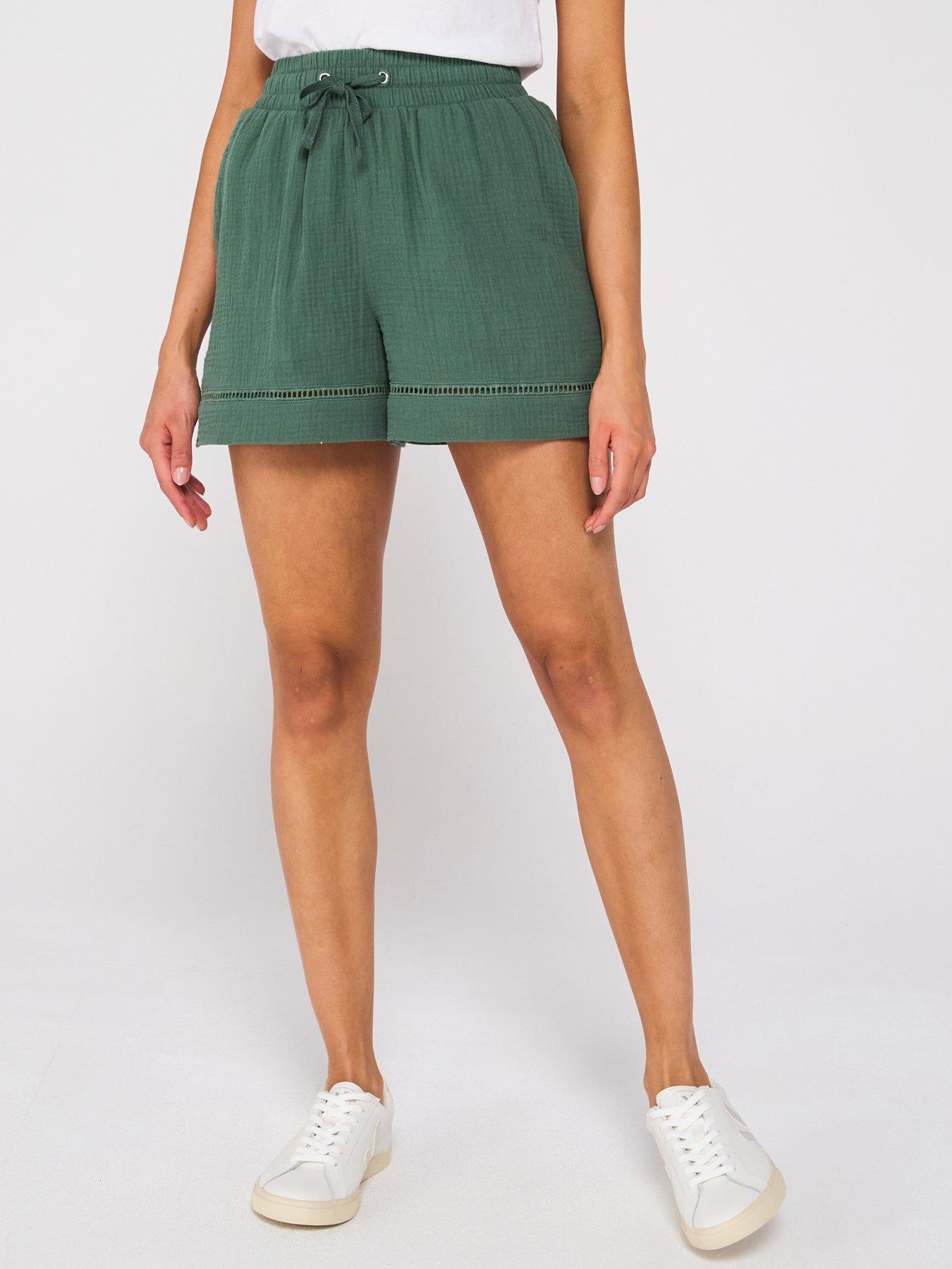 undefined Crinkle Shorts With Lace Insert - Khaki