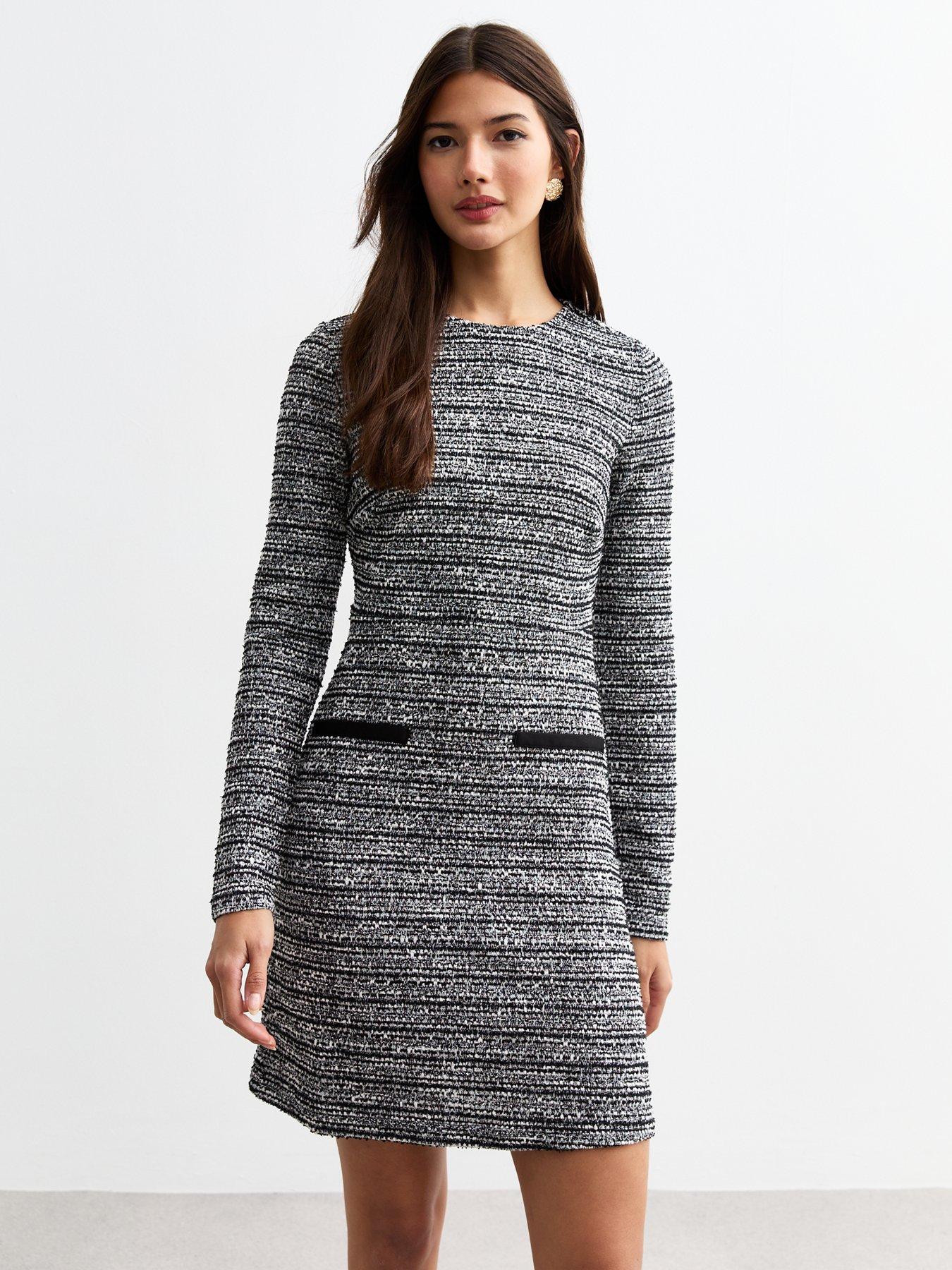  image of new-look-black-long-sleeve-boucleacute-dress-print