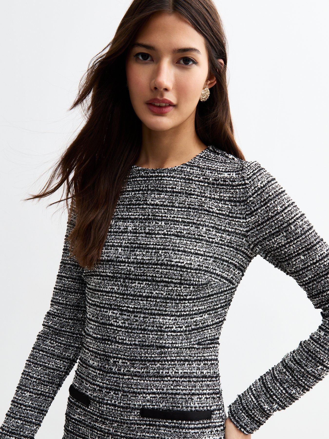  image of new-look-black-long-sleeve-boucleacute-dress-print