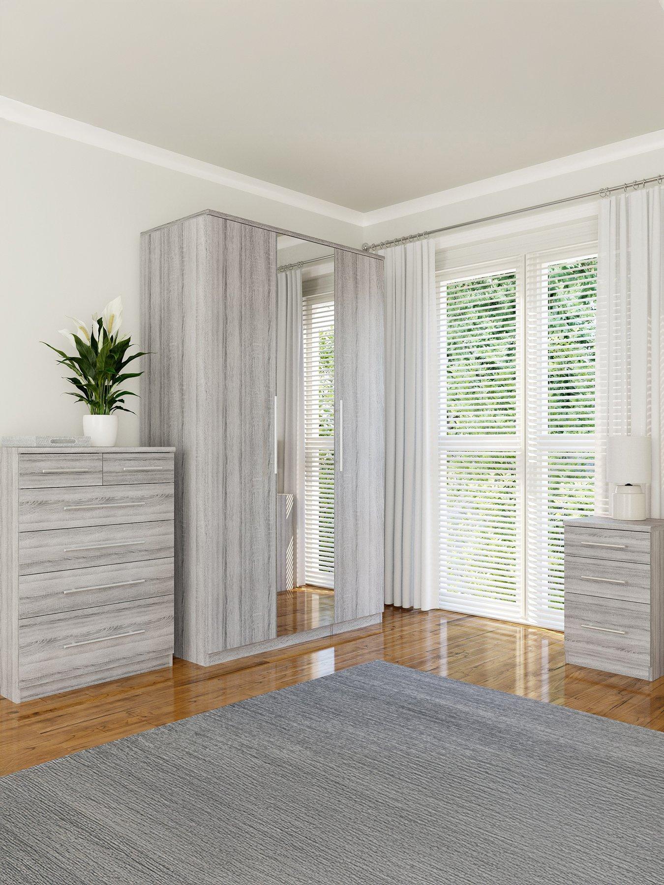 The Very Collection Prague 3 Piece Bedroom Furniture Set - 3 Door Mirrored Wardrobe, 4 + 2 Drawer Chest and 3 Drawer Bedside Table - FSC® Certified
