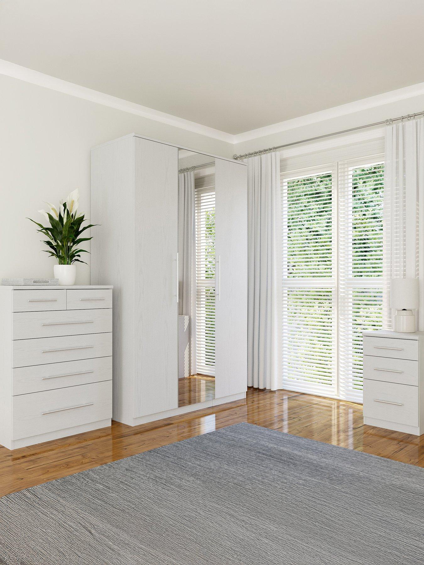 The Very Collection Prague 3 Piece Bedroom Furniture Set - 3 Door Mirrored Wardrobe, 4 + 2 Drawer Chest and 3 Drawer Bedside Table - FSC® Certified