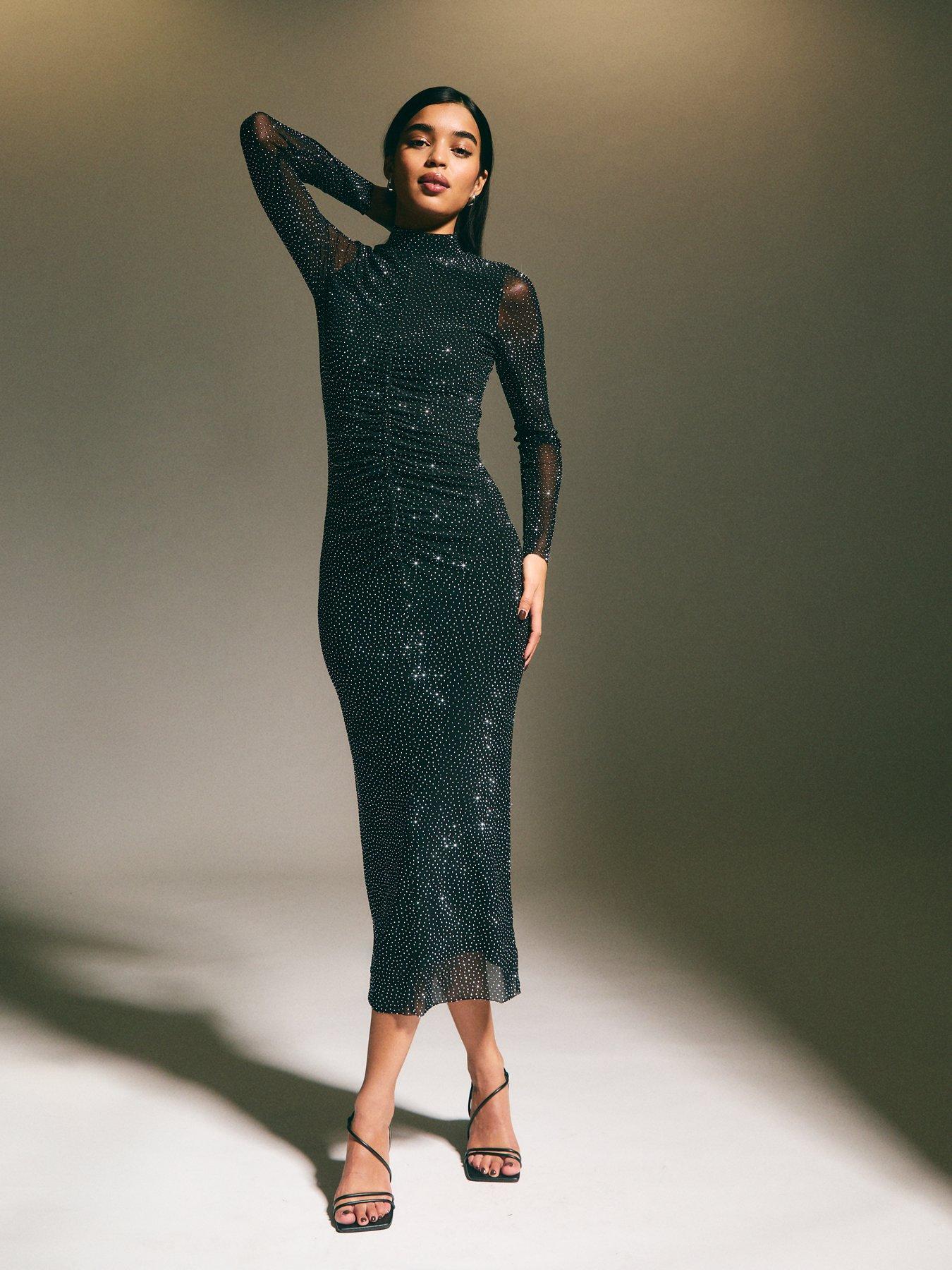 undefined Crystal High Neck Stretch Mesh Midi Dress - Black
