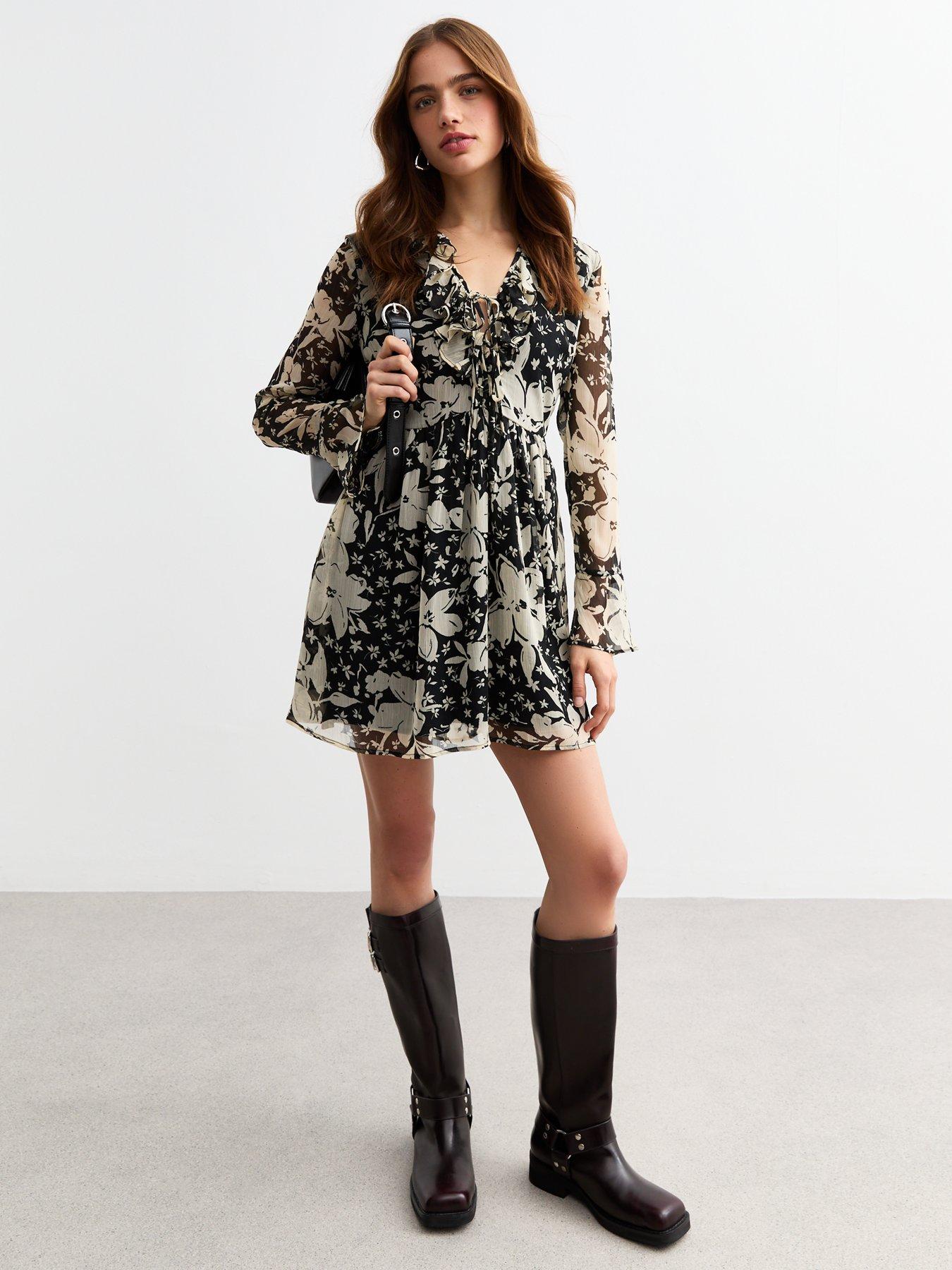 undefined Cream Floral Tie Neck Chiffon Mini Dress - Print
