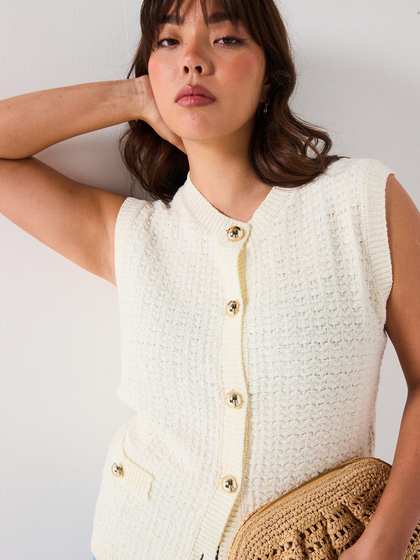  image of v-by-very-curve-sleeveless-button-detail-knitted-jumper-cream