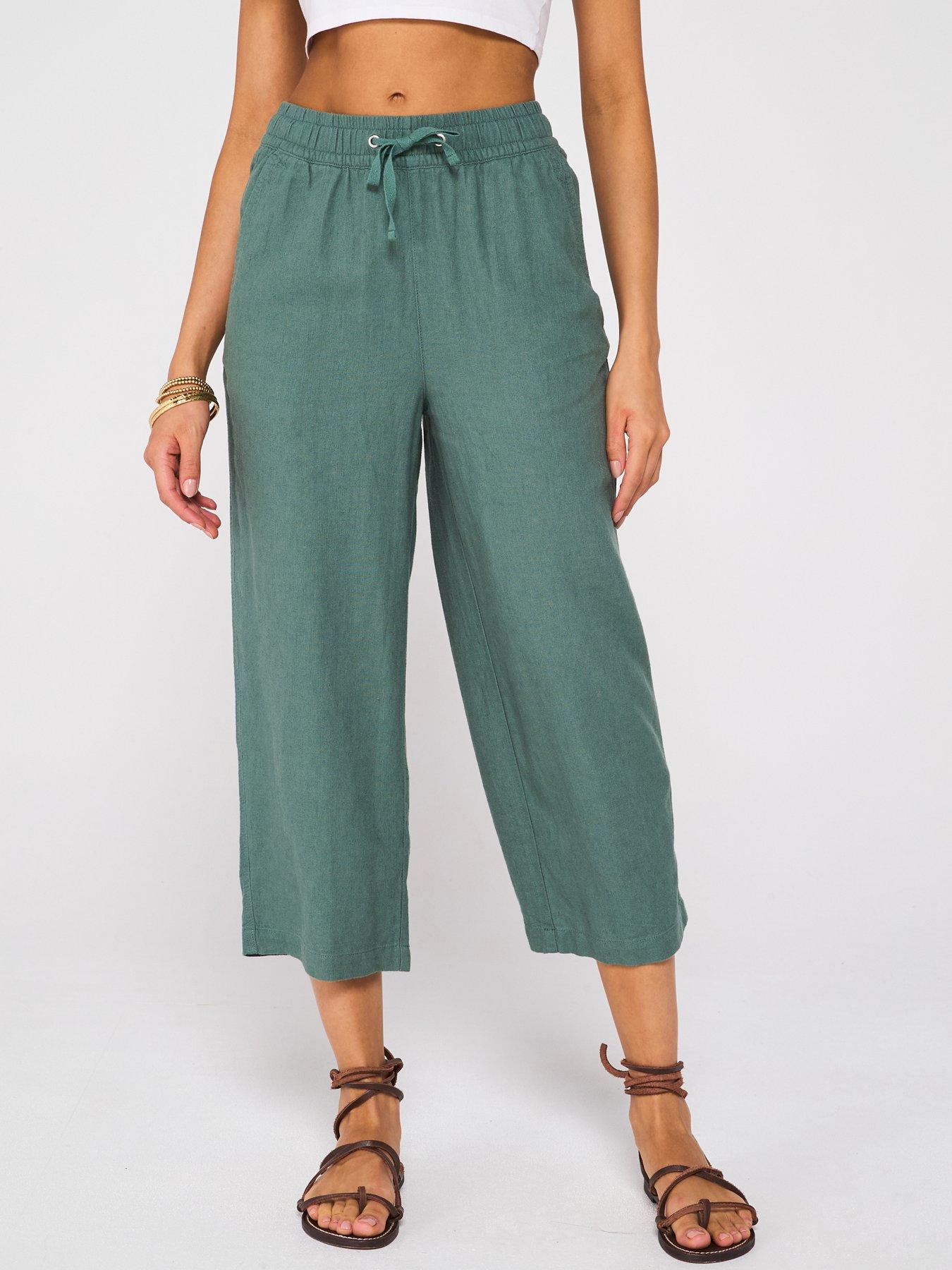 undefined Cropped Linen Blend Trousers - Khaki