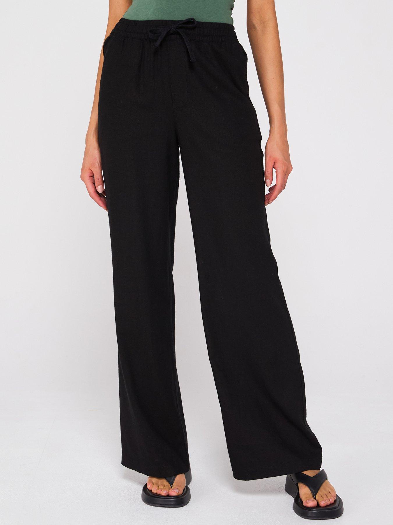 undefined Wide Leg Linen Blend Trousers - Black