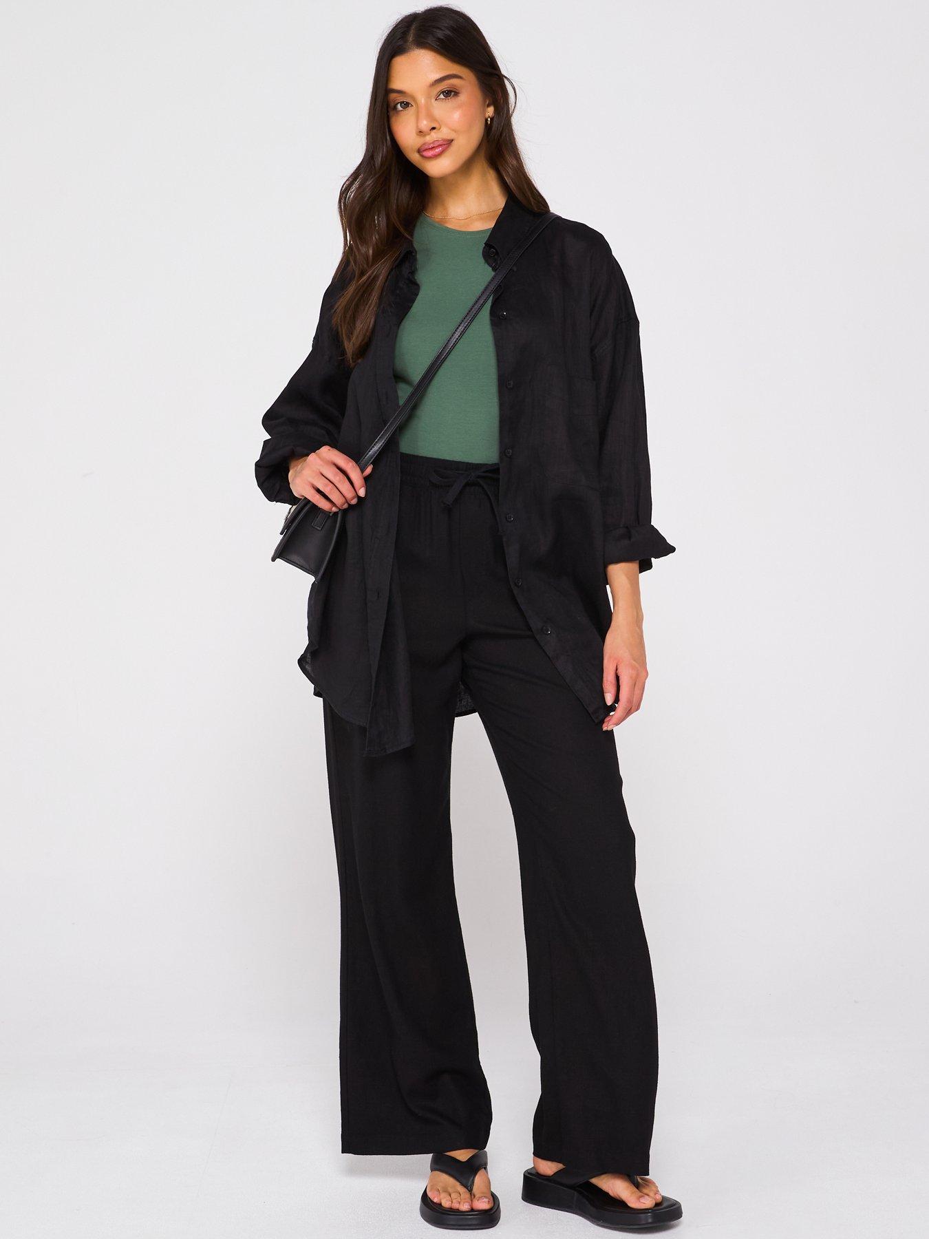  image of everyday-wide-leg-linen-blend-trousers-black