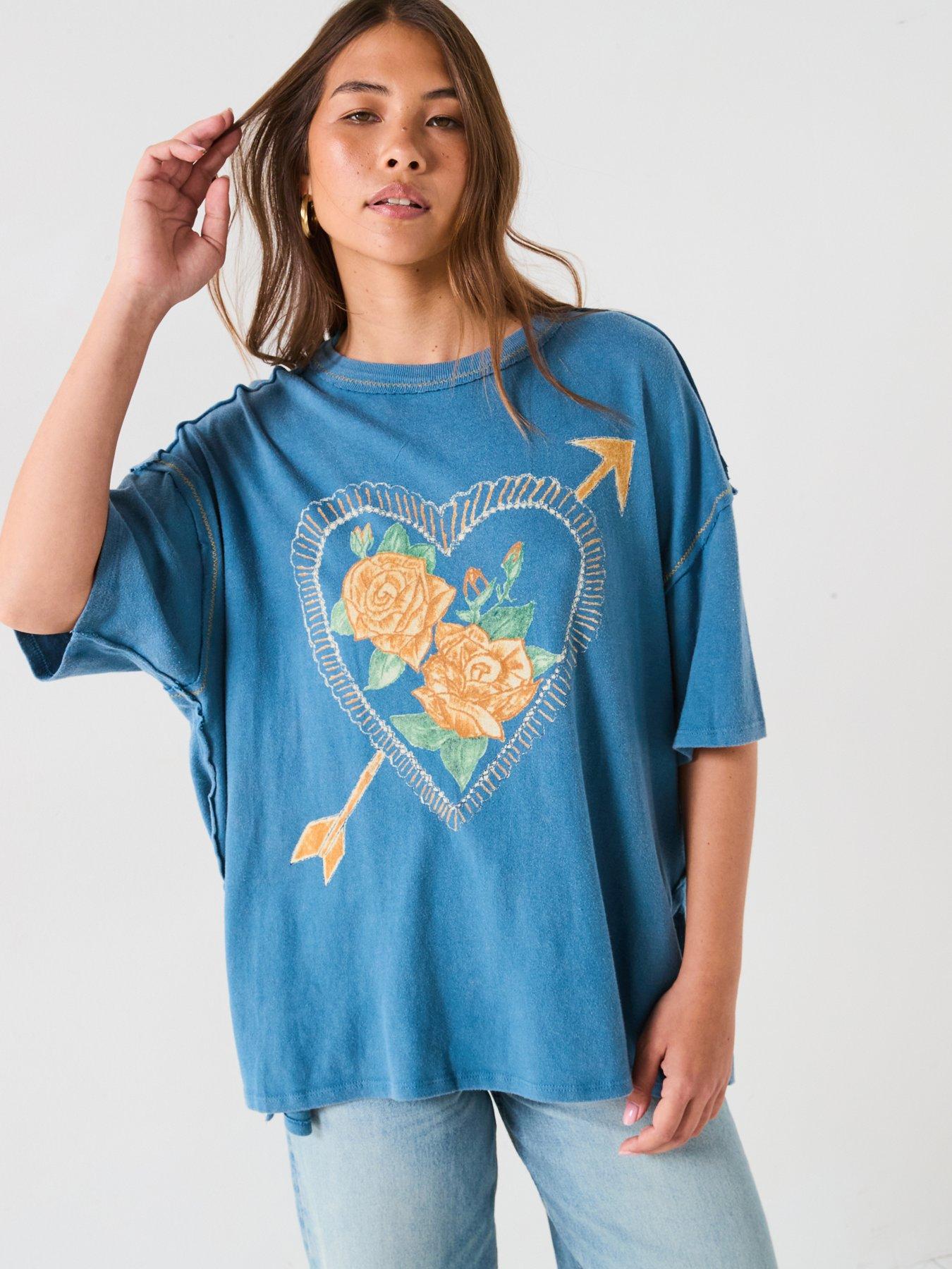  image of free-people-love-rose-printed-t-shirt-blue