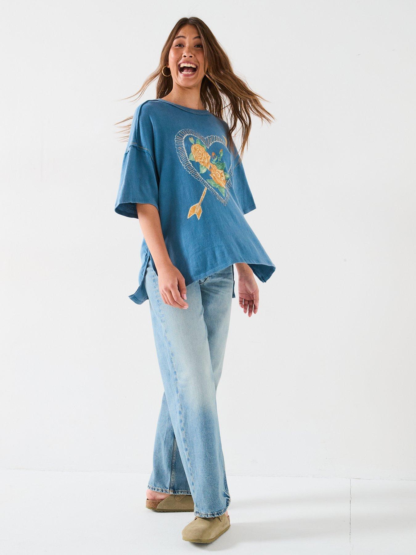  image of free-people-love-rose-printed-t-shirt-blue