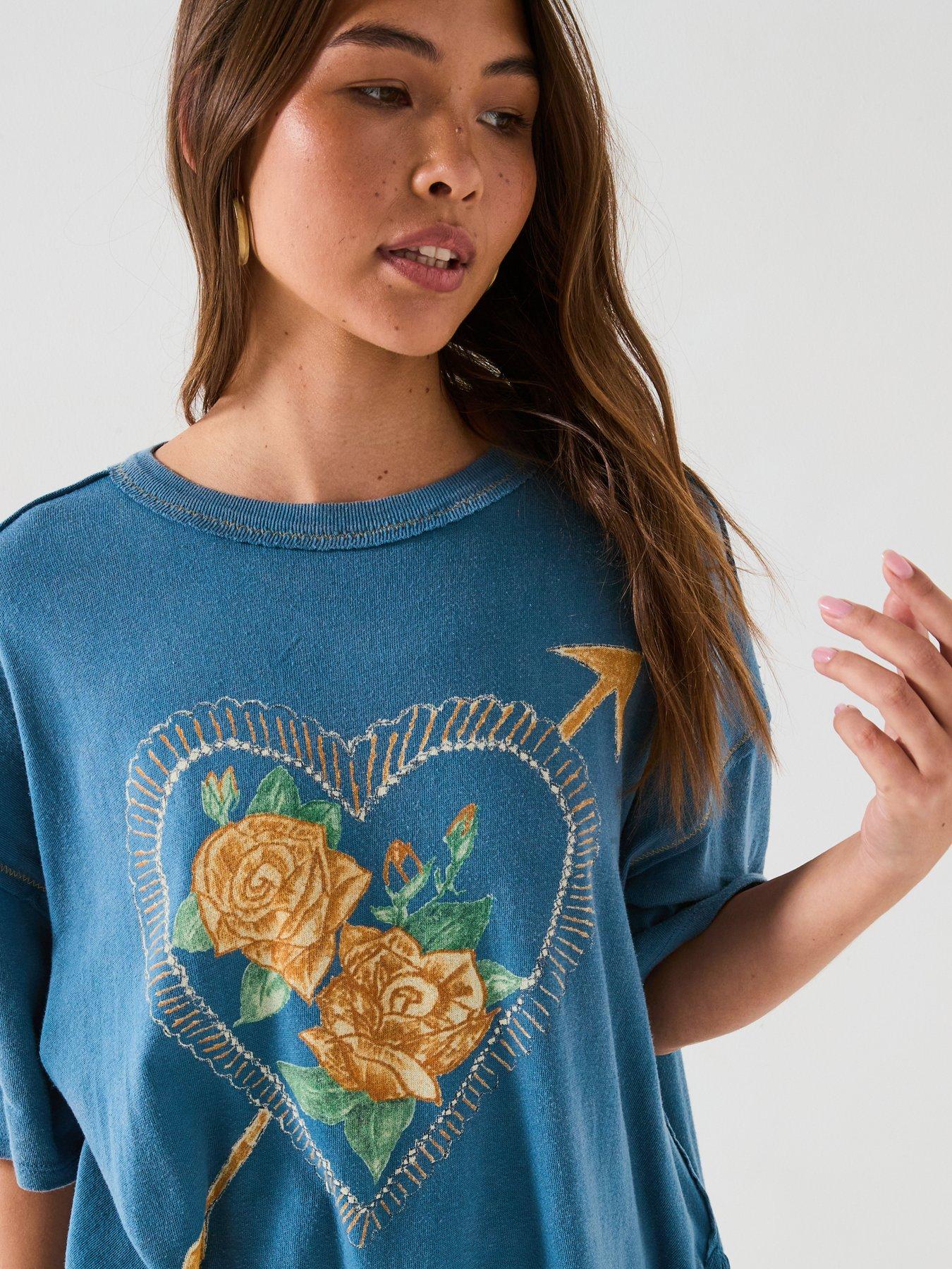  image of free-people-love-rose-printed-t-shirt-blue