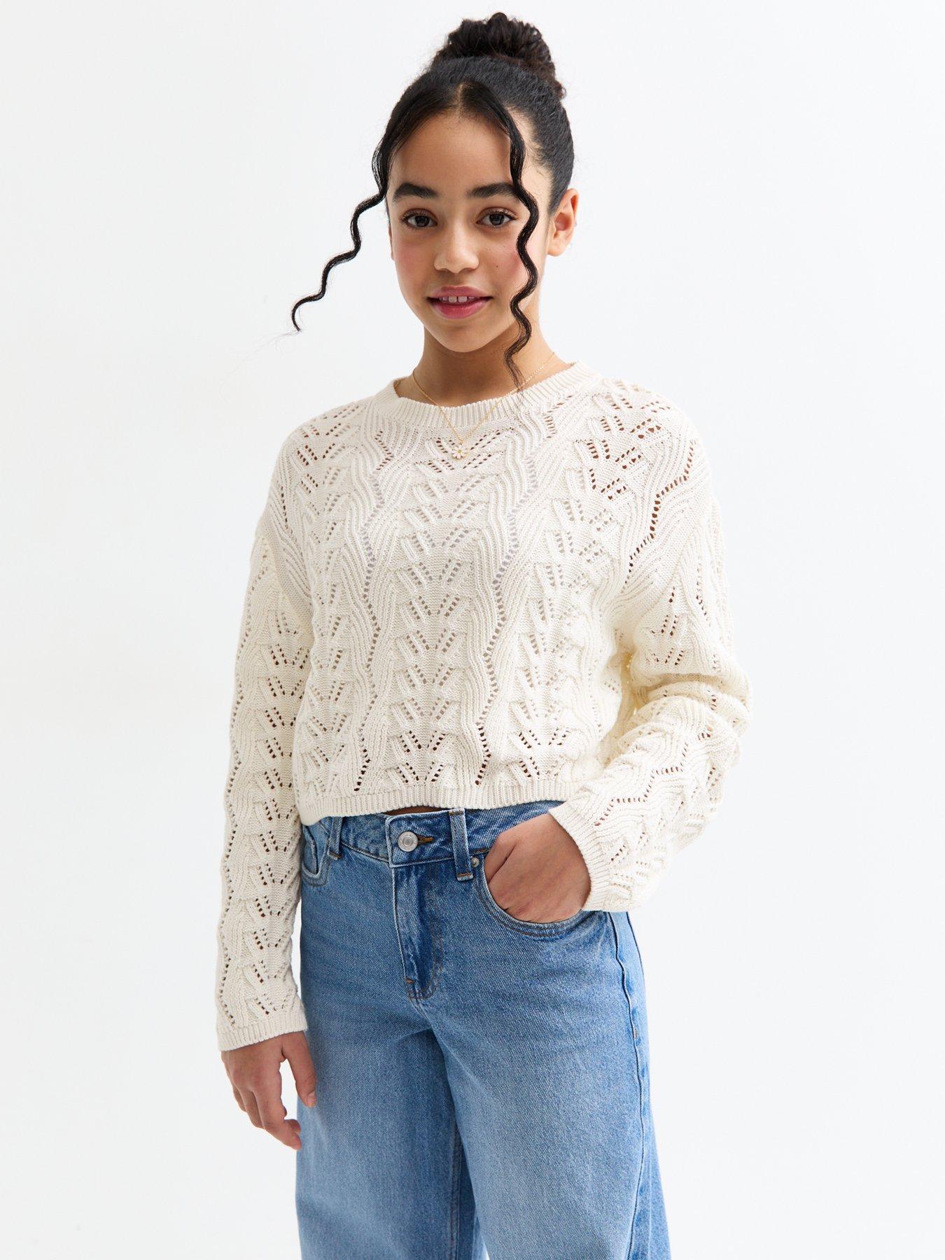 front image of new-look-915-girls-off-white-crochet-jumper