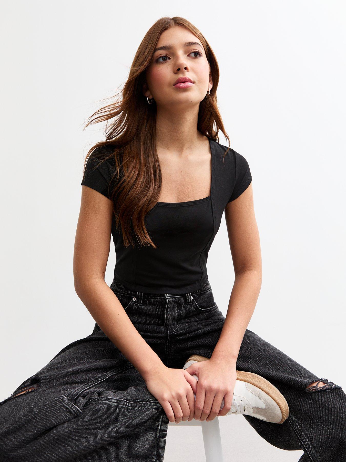 undefined Girls Square Neck Top - Black