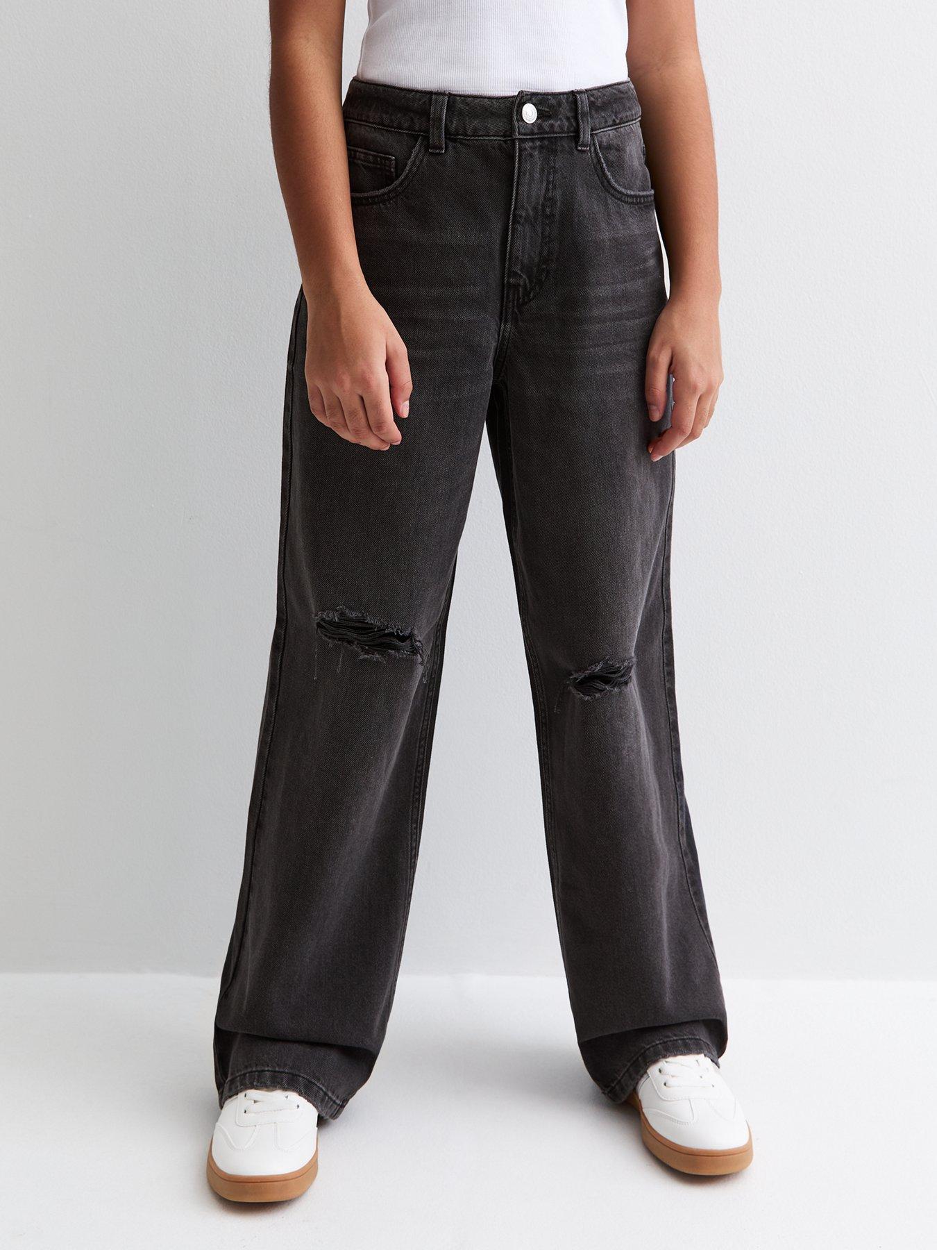 undefined Girls Black Ripped Wide Leg Jeans - Black