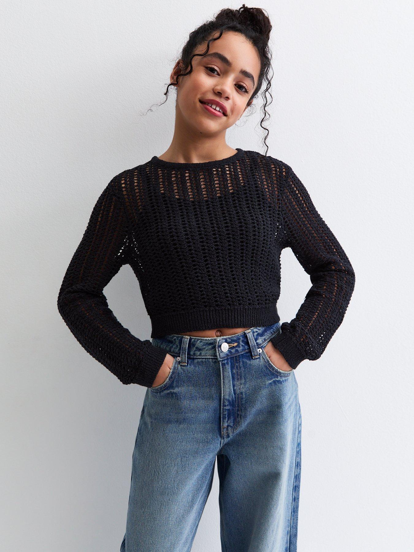 new-look-915-girls-open-knit-crew-neck-jumper-black
