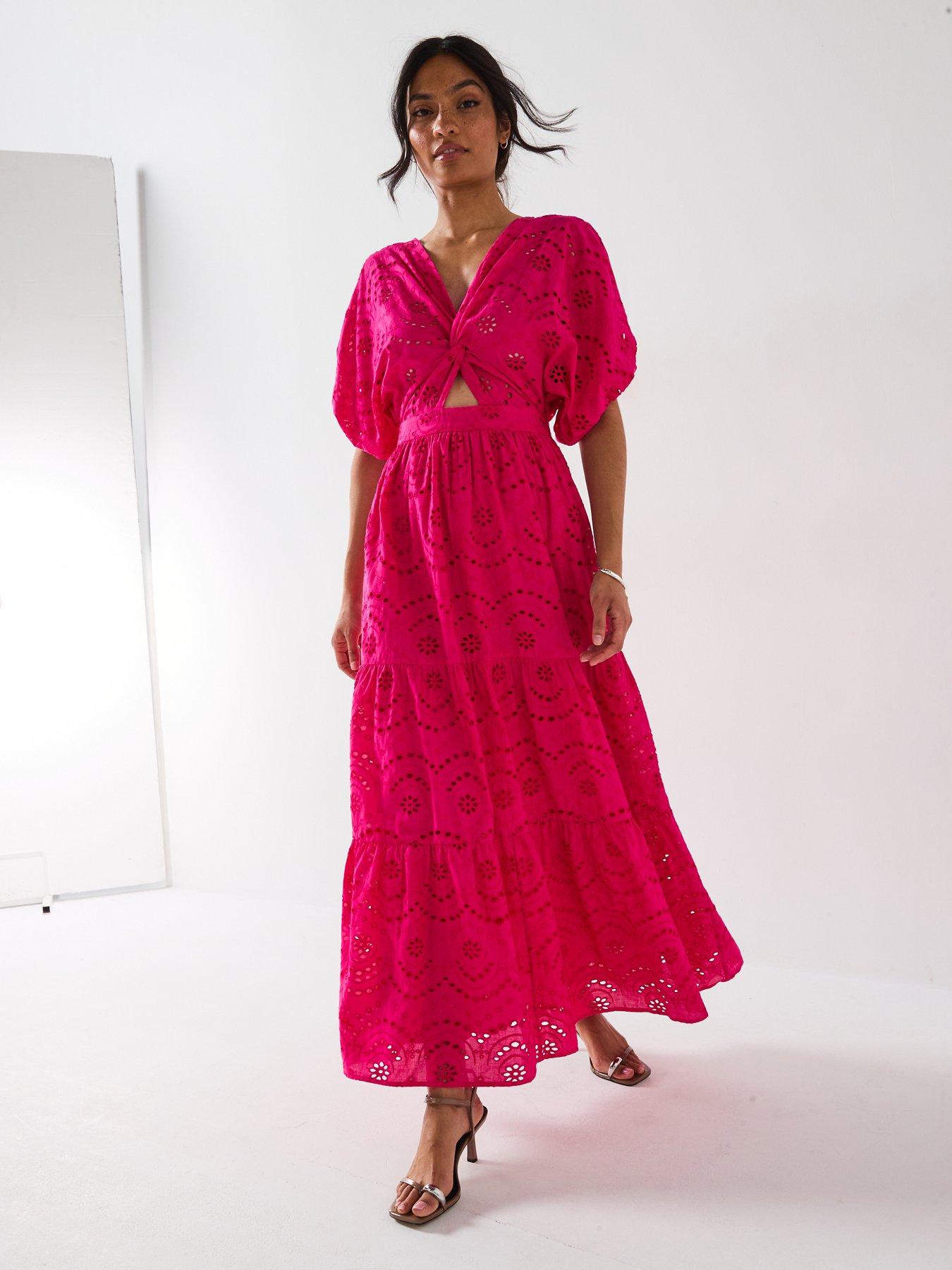  image of v-by-very-broderie-twist-front-midaxi-dress-pink