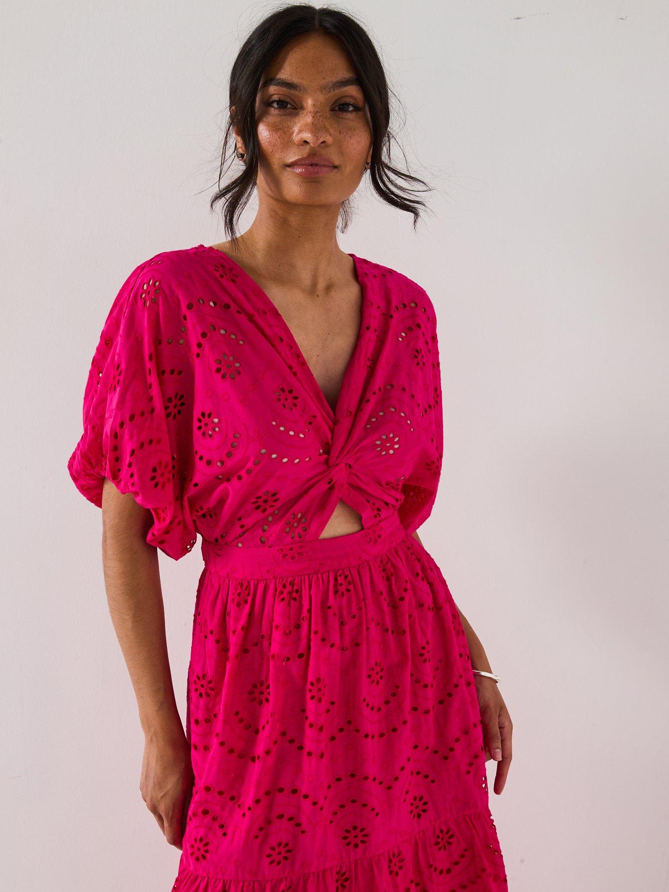  image of v-by-very-broderie-twist-front-midaxi-dress-pink