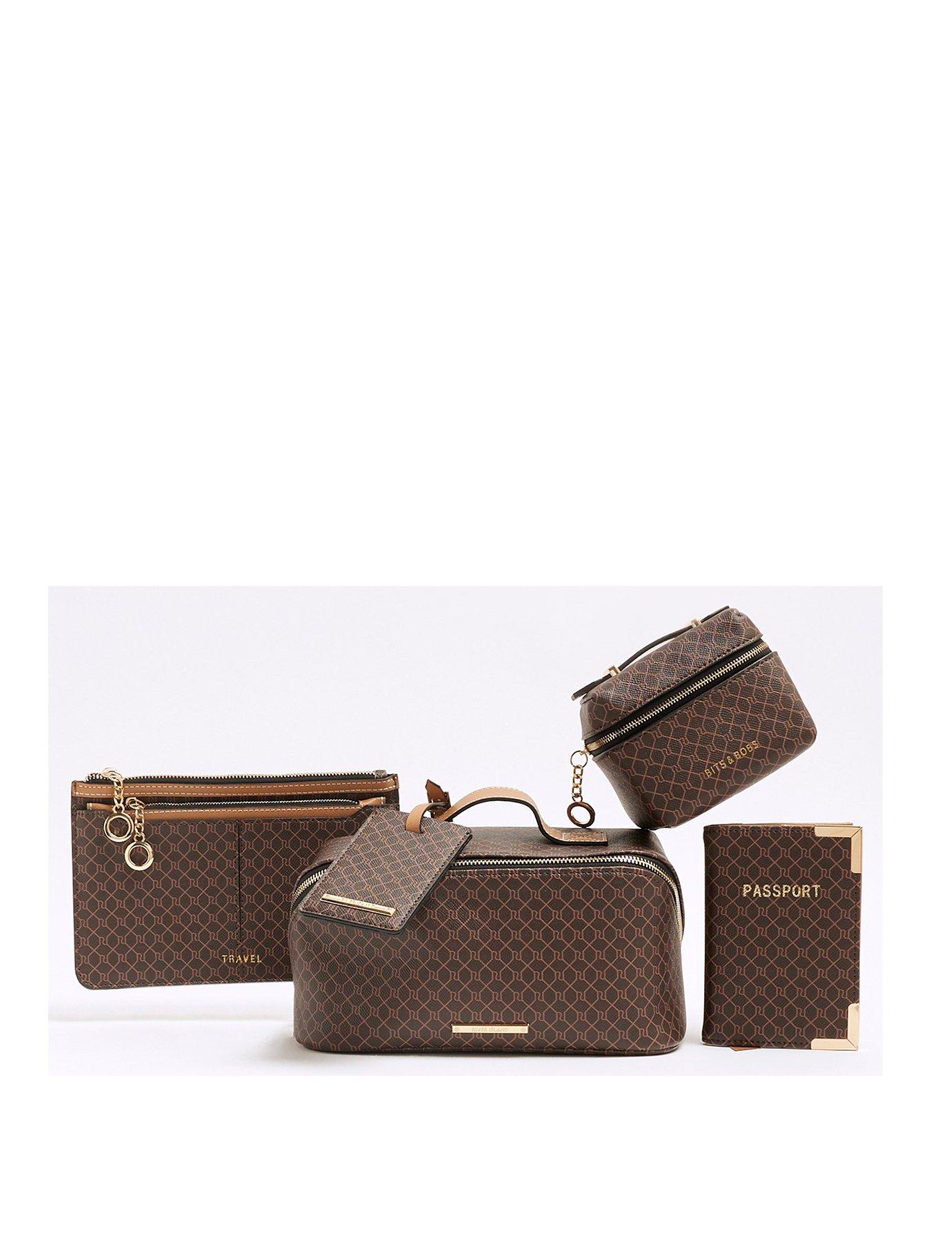  image of river-island-brown-faux-leather-ri-monogram-travel-bundle-passport-holdermakeup-bag-travel-pouch-and-travel-bag