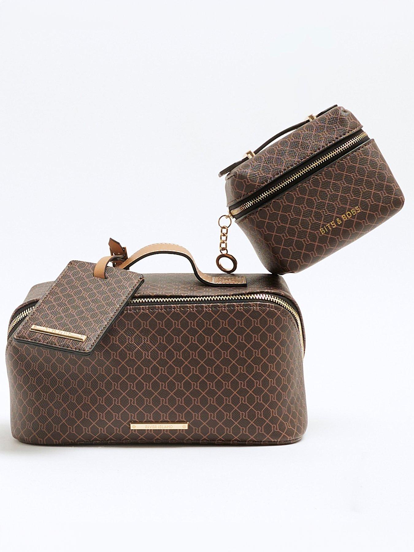  image of river-island-brown-faux-leather-ri-monogram-travel-bundle-passport-holdermakeup-bag-travel-pouch-and-travel-bag