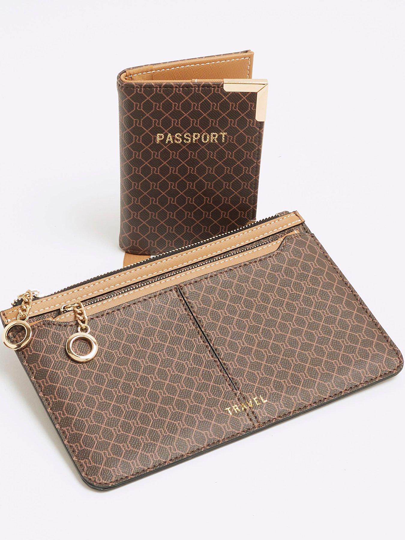  image of river-island-brown-faux-leather-ri-monogram-travel-bundle-passport-holdermakeup-bag-travel-pouch-and-travel-bag