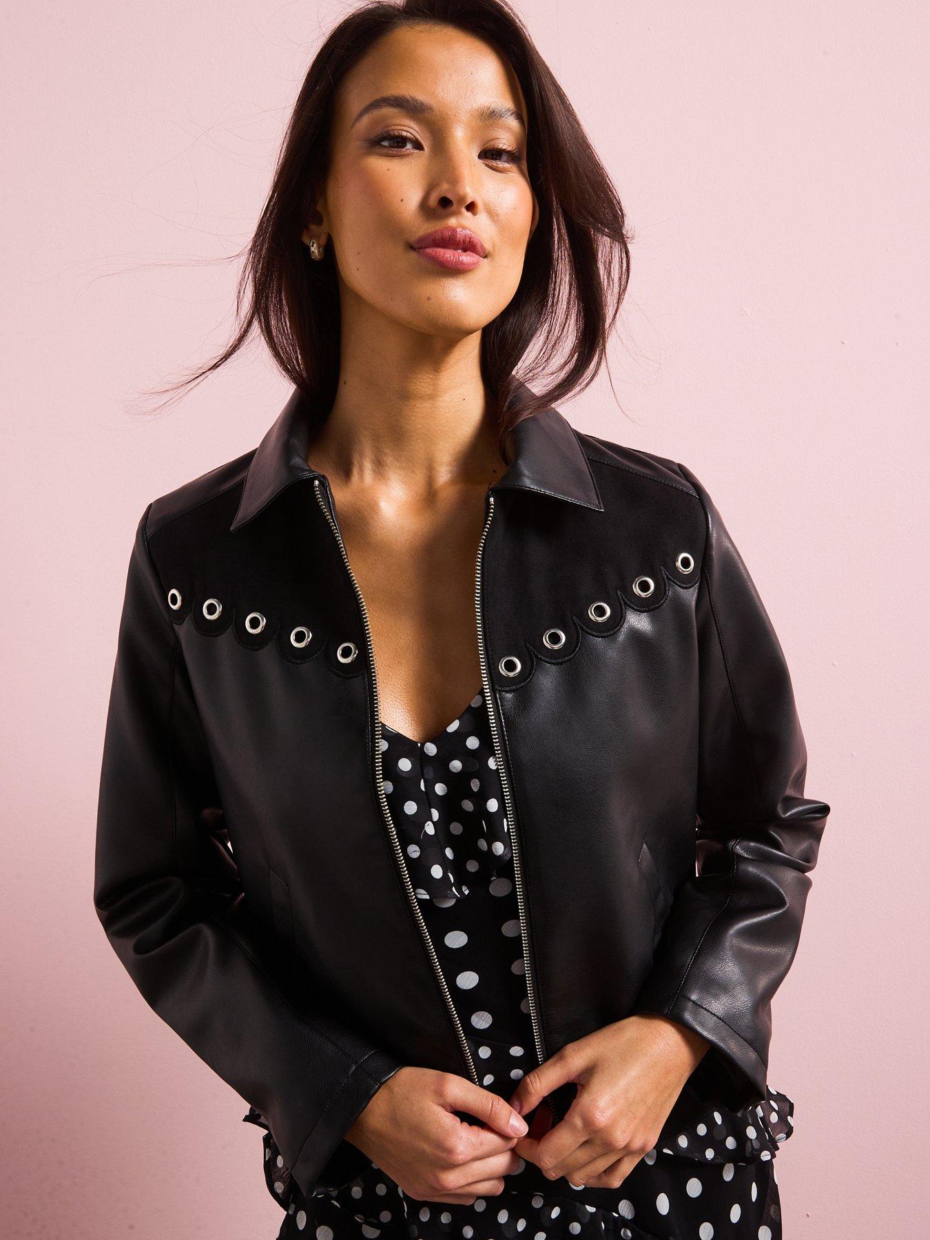  image of v-by-very-eyelet-detail-faux-leather-amp-suede-jacket-black