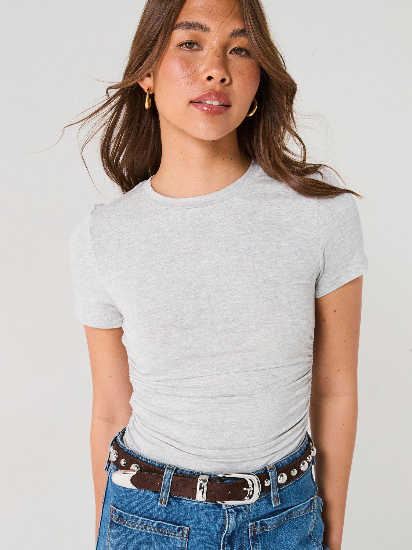  image of v-by-very-ruched-side-t-shirt-grey