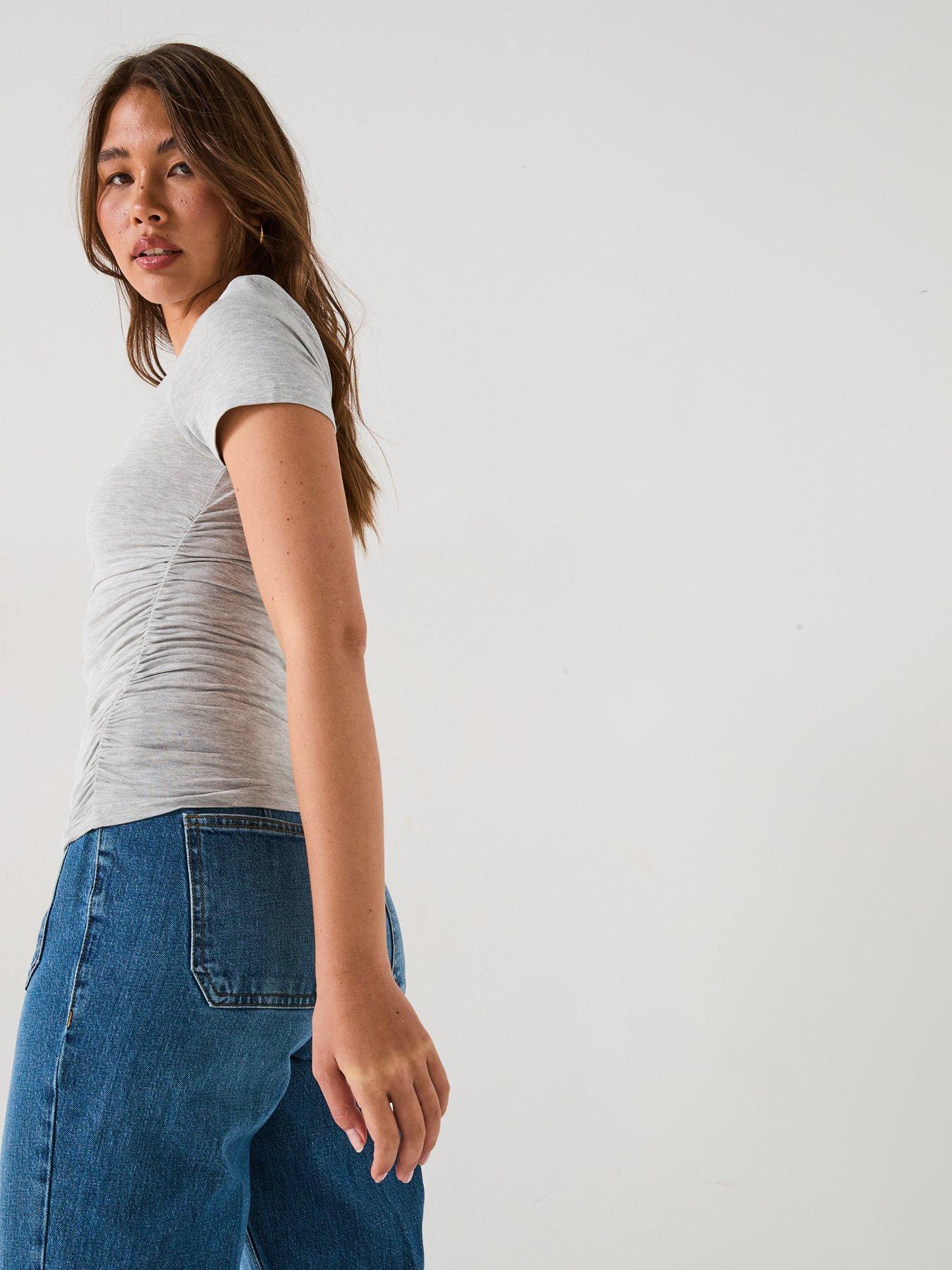  image of v-by-very-ruched-side-t-shirt-grey