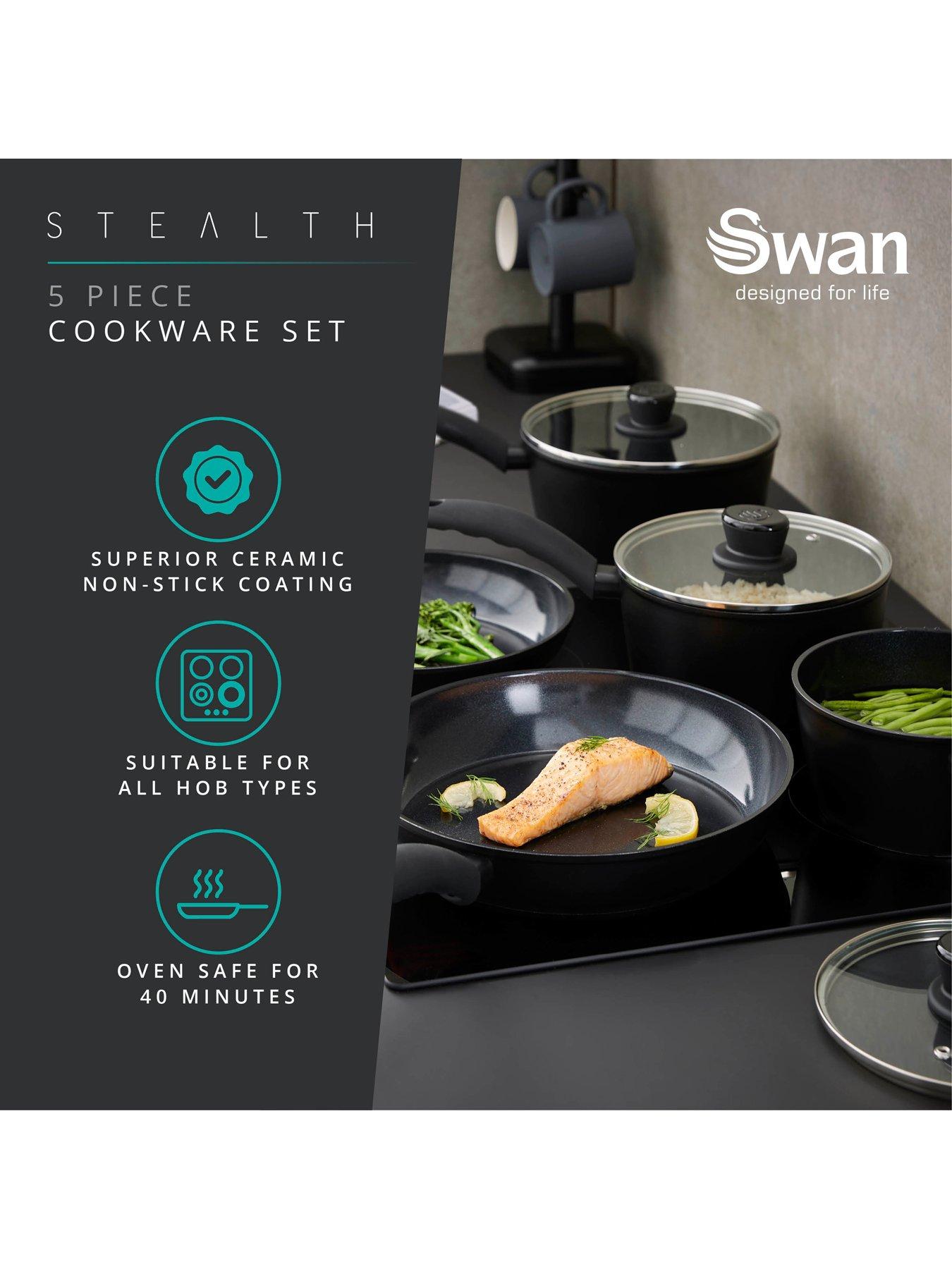  image of swan-stealth-5-piece-cookware-set-with-superior-ceramic-coating-182022cm-saucepans-with-tempered-glass-lids-2024cm-frying-pans-induction-compatible-black