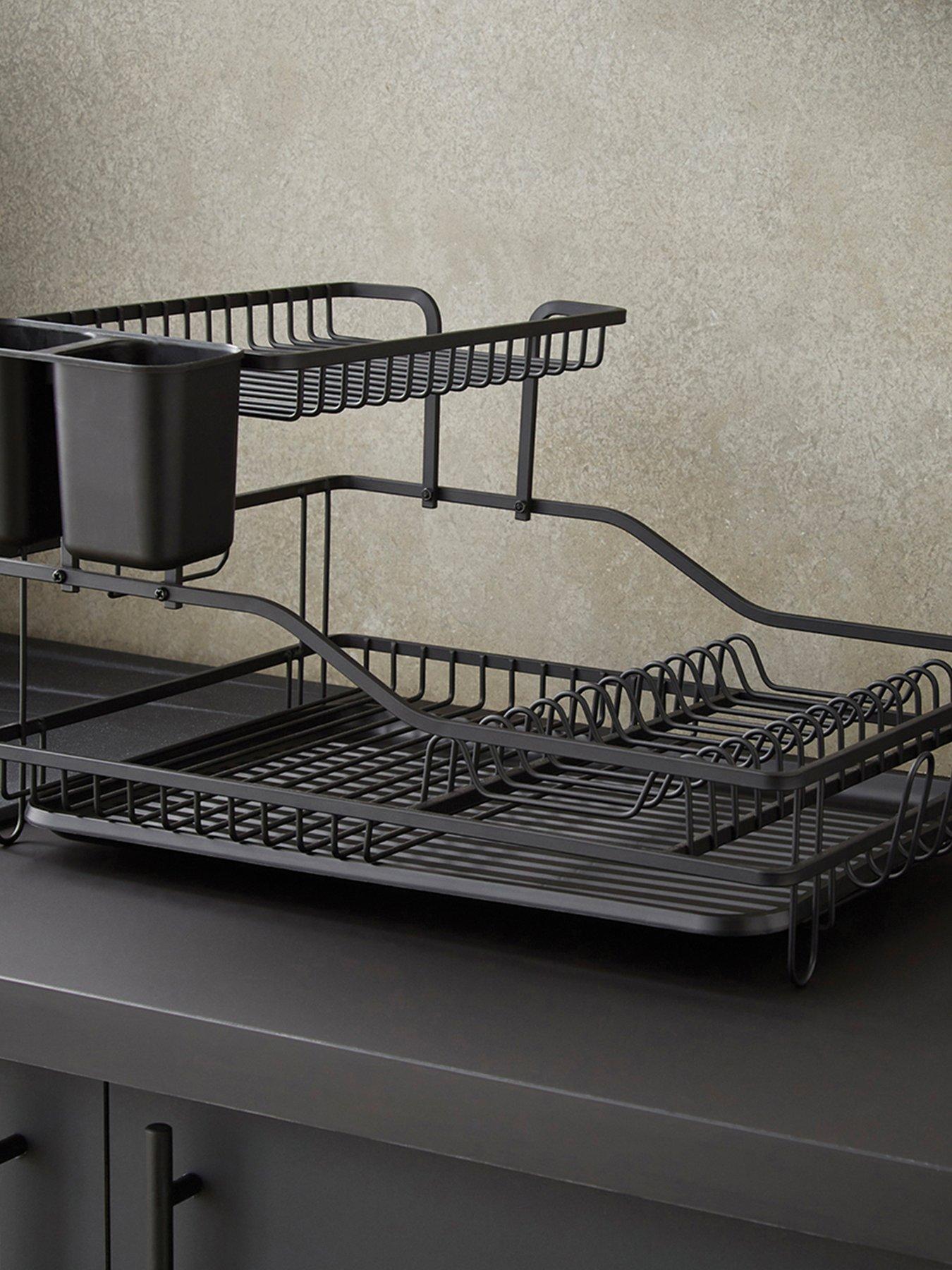 Swan Stealth 15 Plate Dish Rack, 2 Tier, Matte Black with removeable Drip Tray and Cutlery Basket