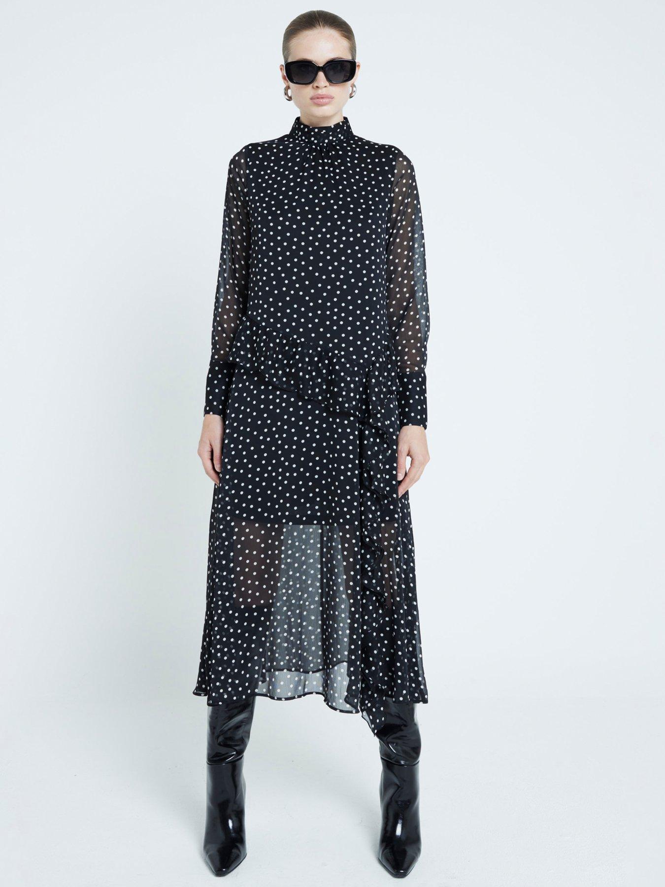 undefined Spot Frill Midi Dress - Black