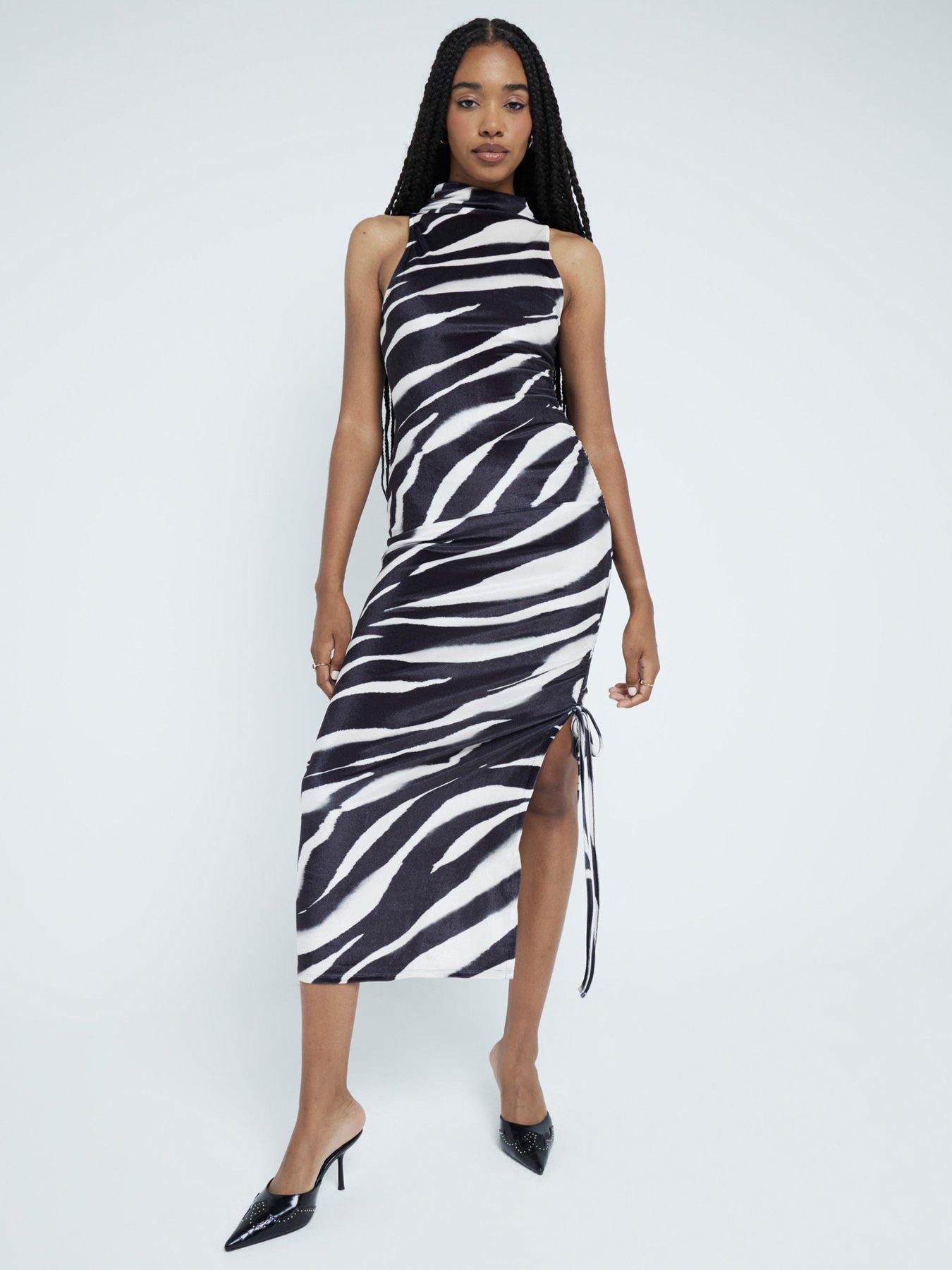 undefined Zebra Velvet Ruched Midi Dress - Black