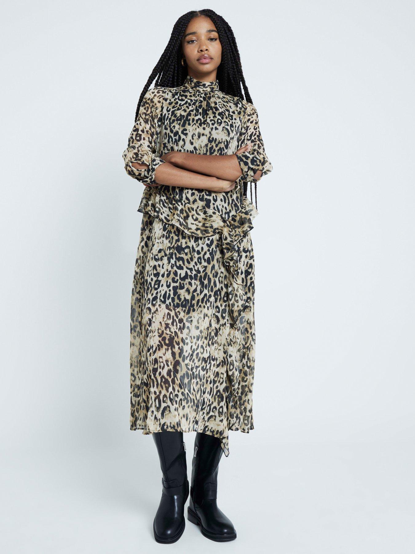 River Island Animal Frill Midi Dress Beige Littlewoods