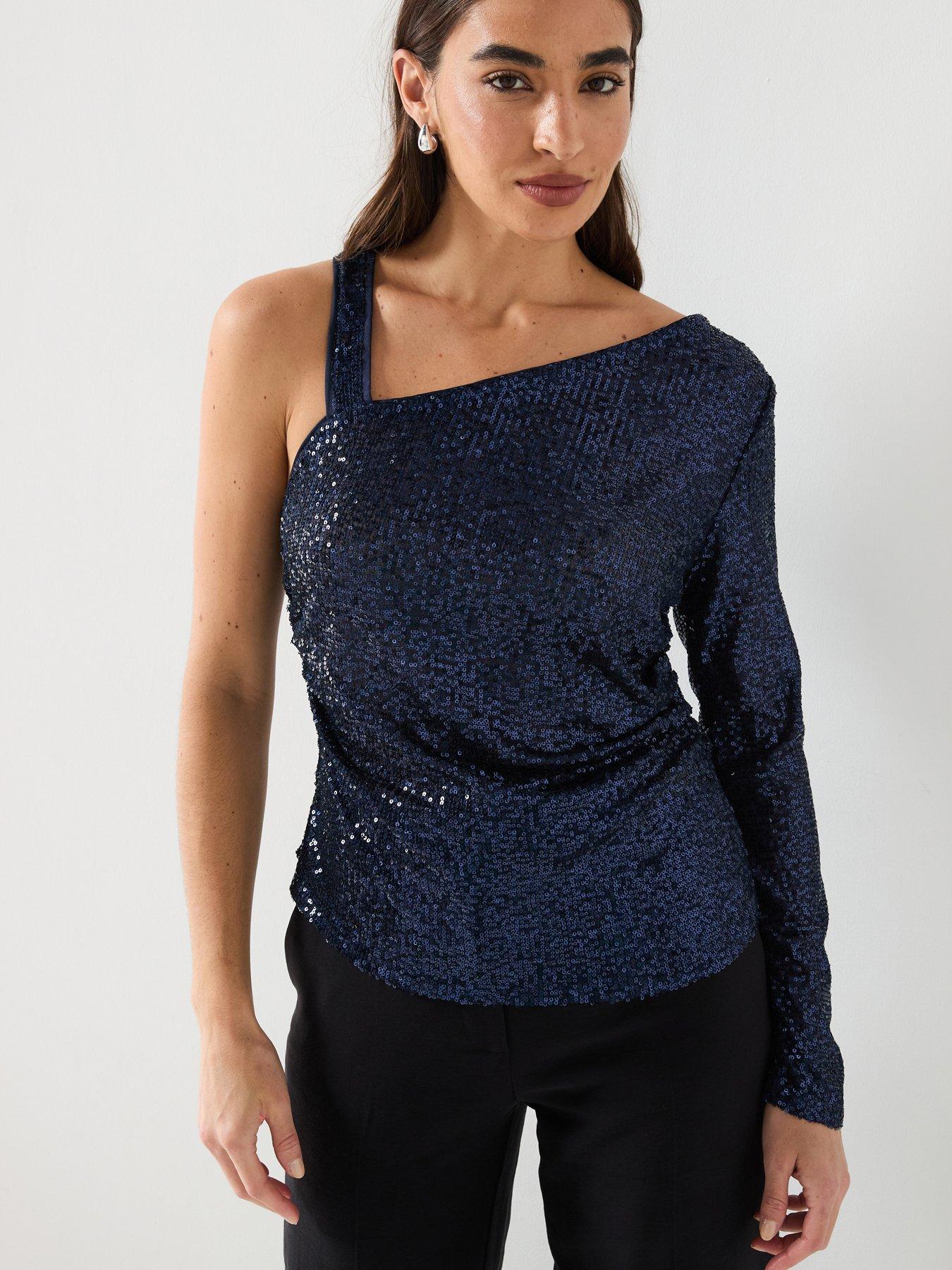 river-island-one-sleeve-twist-shoulder-top-navy