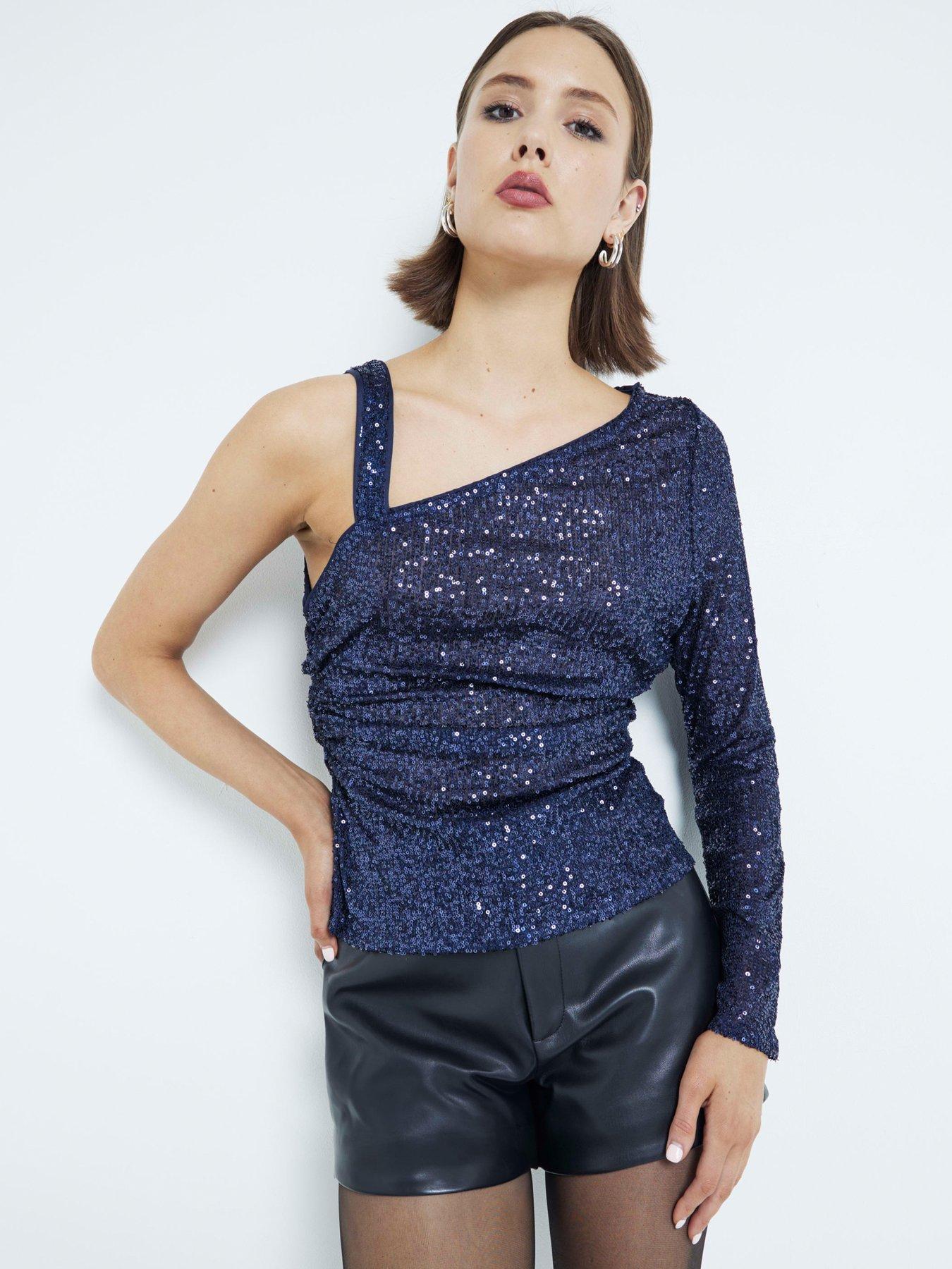undefined One Sleeve Twist Shoulder Top - Navy