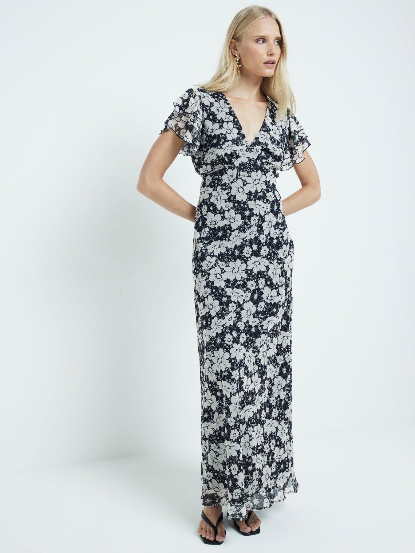 undefined Flutter Sleeve Floral Print Maxi Dress - Black