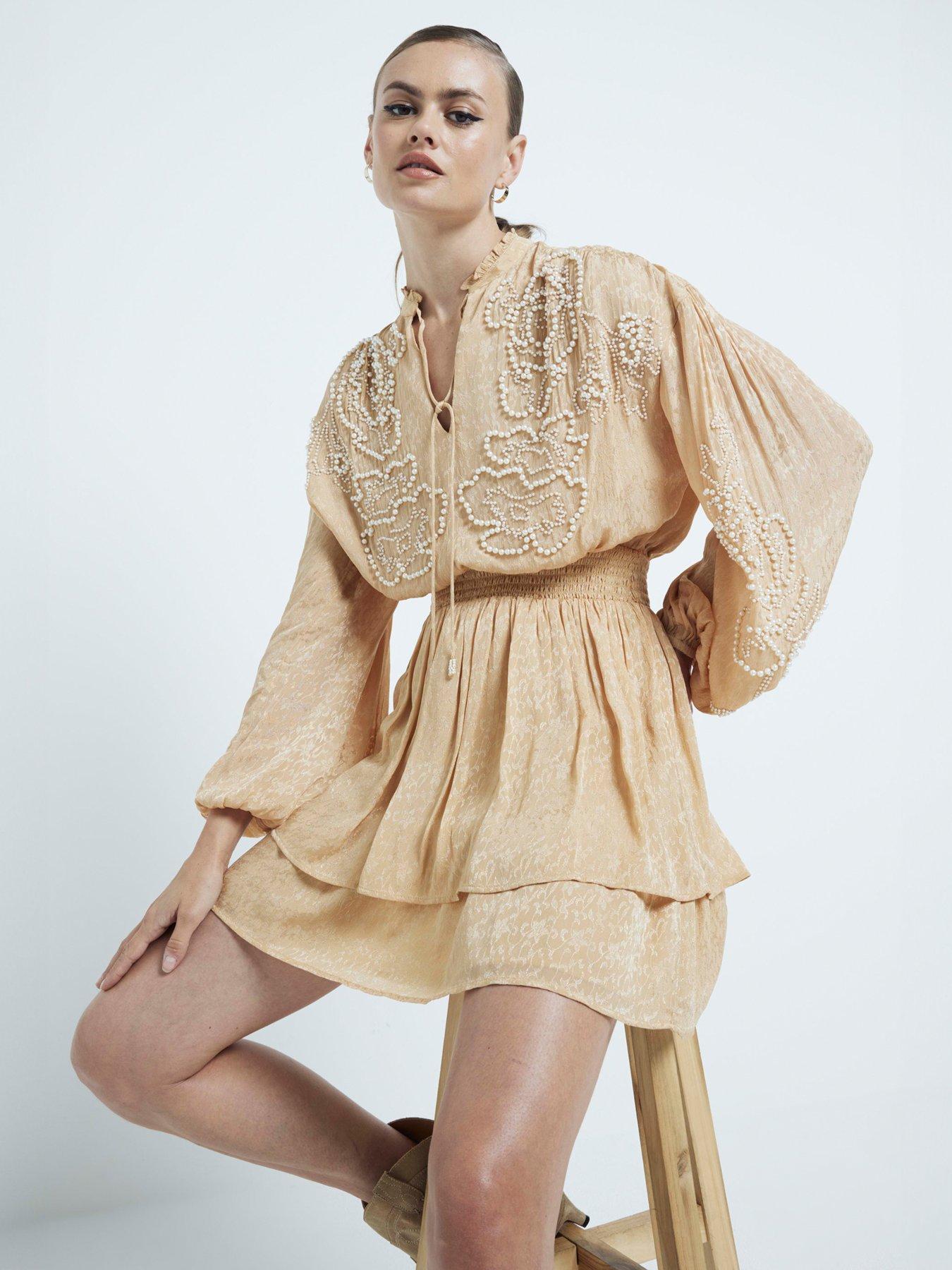 undefined Emb Mini Dress - Beige