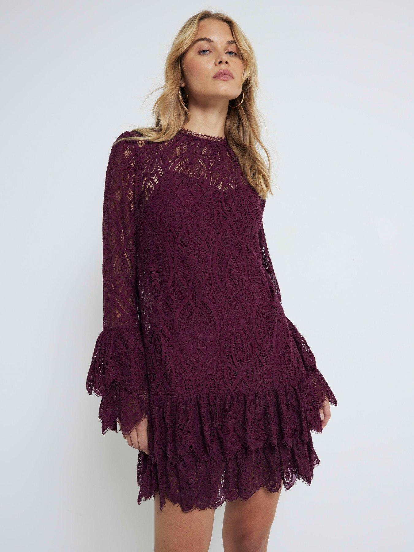 undefined Lace Tiered Shift Dress - Dark Red