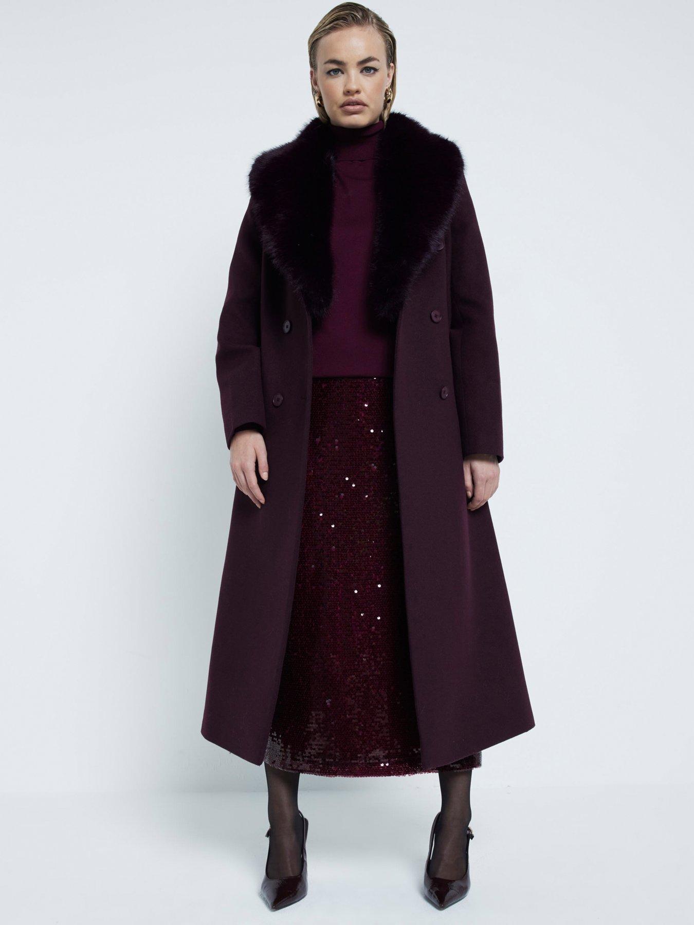 undefined Faux Fur Collar Double Breasted Coat - Dark Red