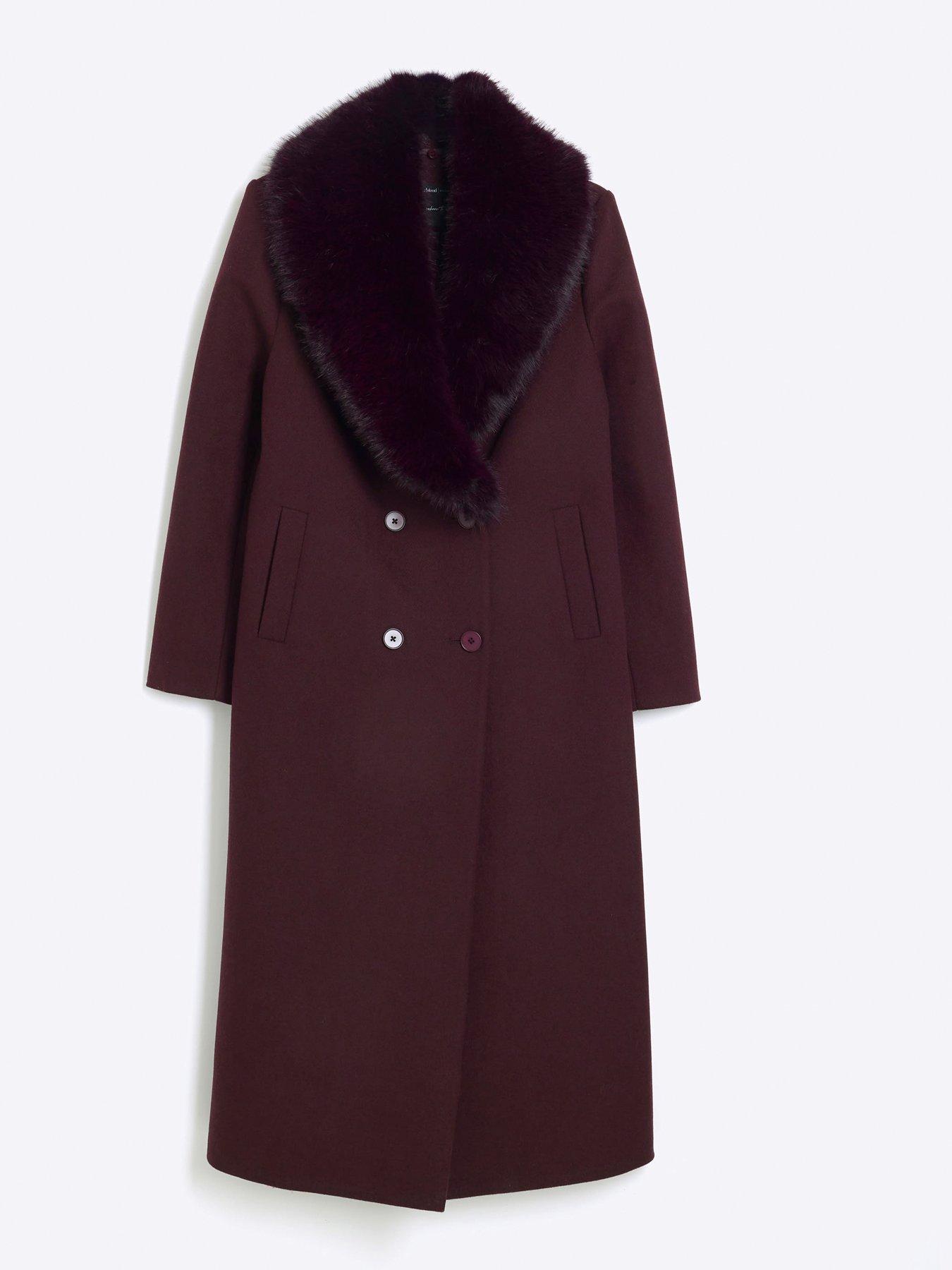 River Island Faux Fur Collar Double Breasted Coat Dark Red