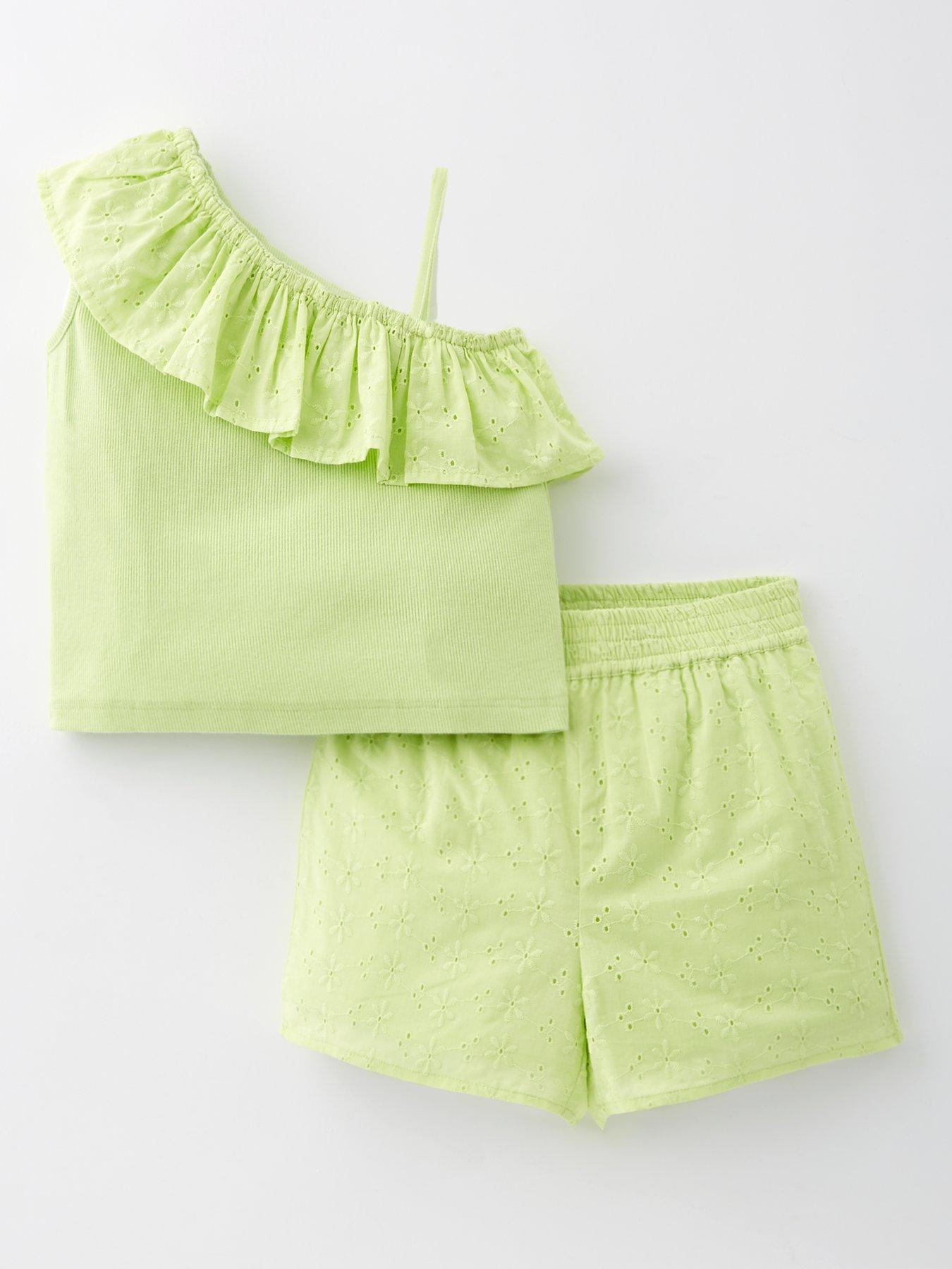 undefined Girls Frill One Shoulder Top And Short Set - Green