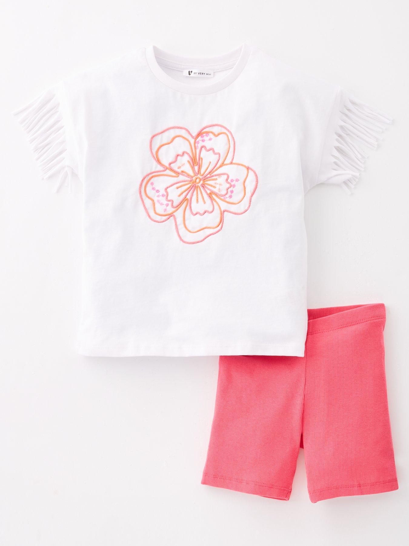 undefined Girls Happy Day Fringe Short Sleeve T-Shirt And Cycling Short Set - White/Pink