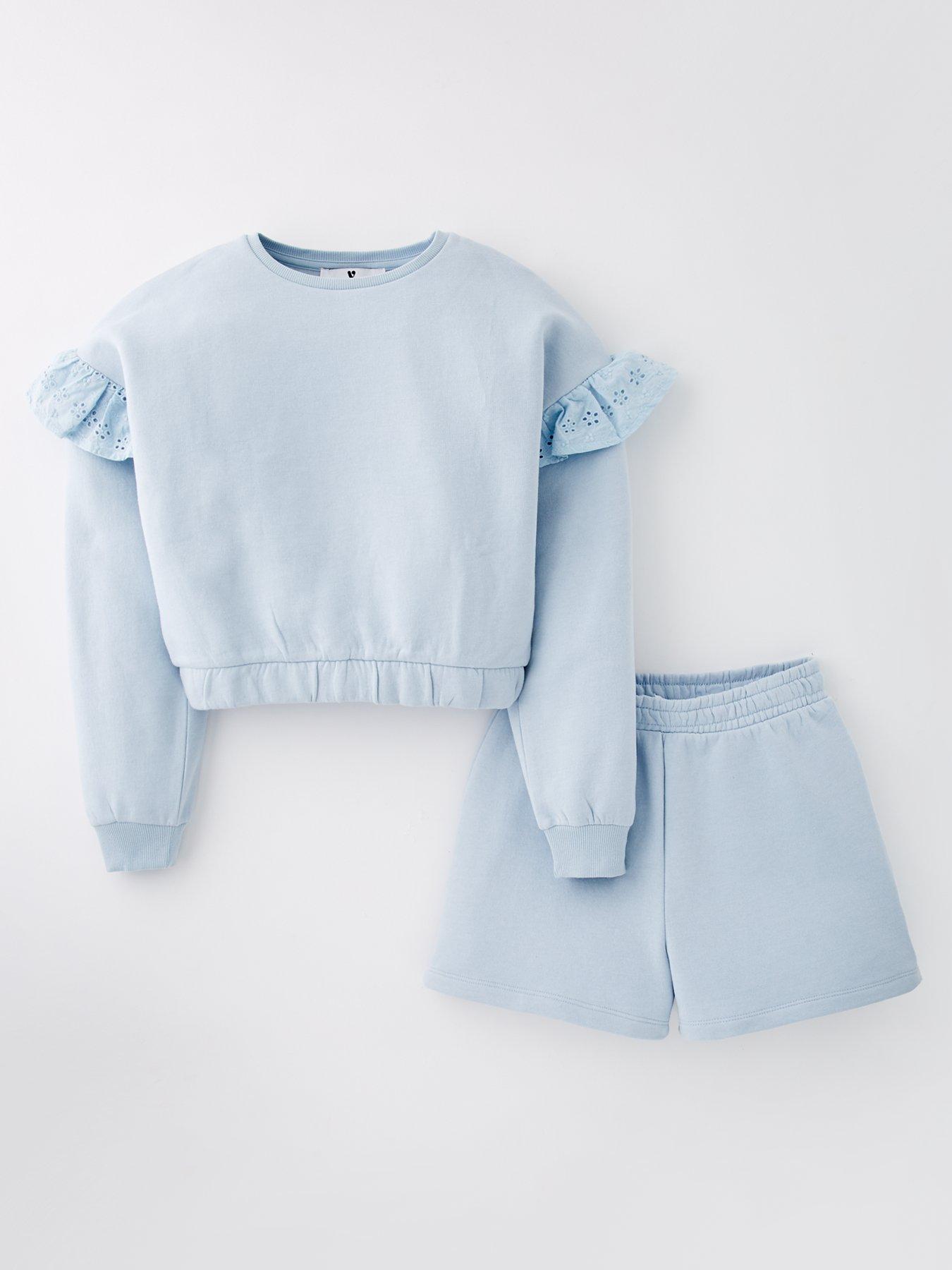 undefined Girls Broderie Sweatshirt And Short Set - Blue