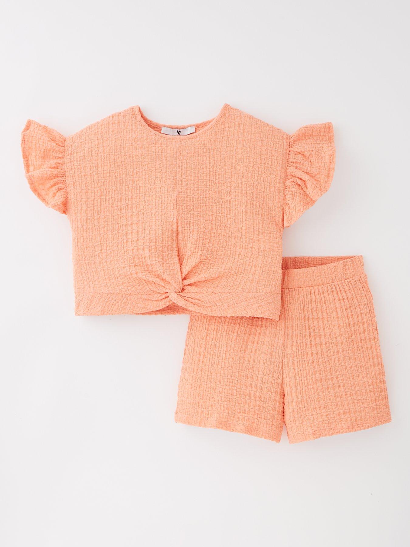 undefined Girls Tie Front Top And Short Set - Peach