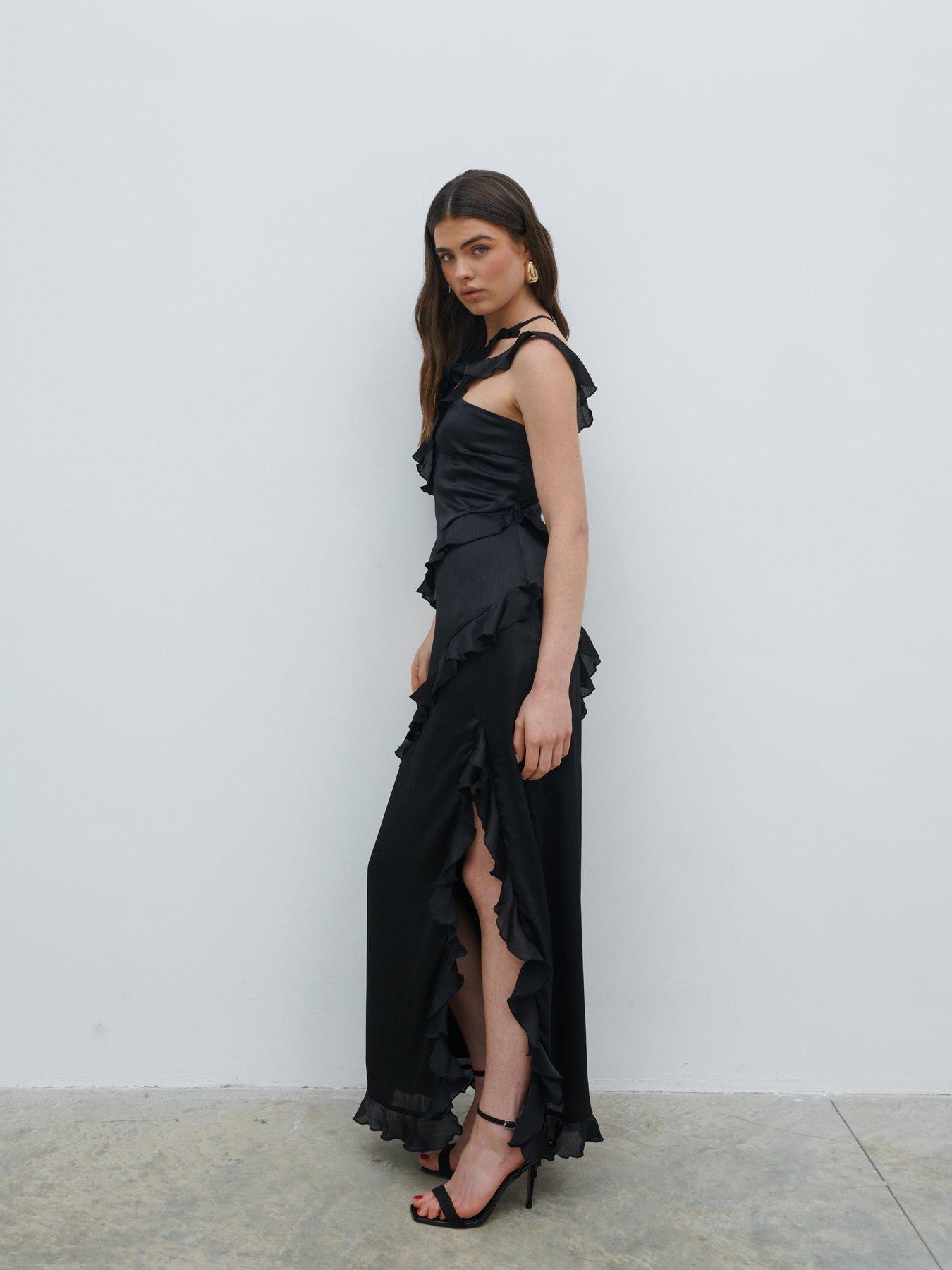  image of pretty-lavish-sabina-ruffle-one-shoulder-maxi-dress-black