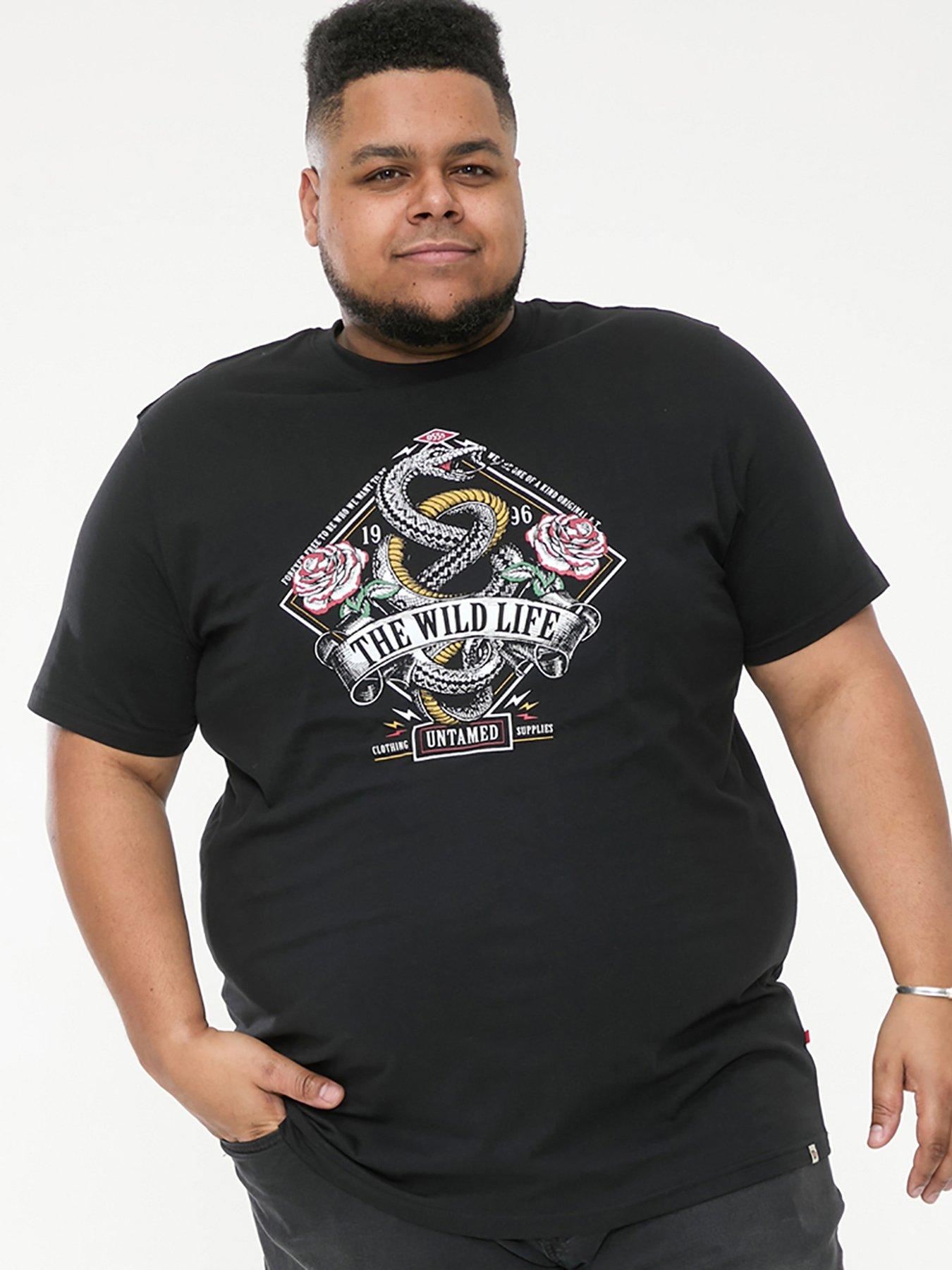 D555 Malcom Snake And Roses Printed Crew Neck T-Shirt - Black | Littlewoods