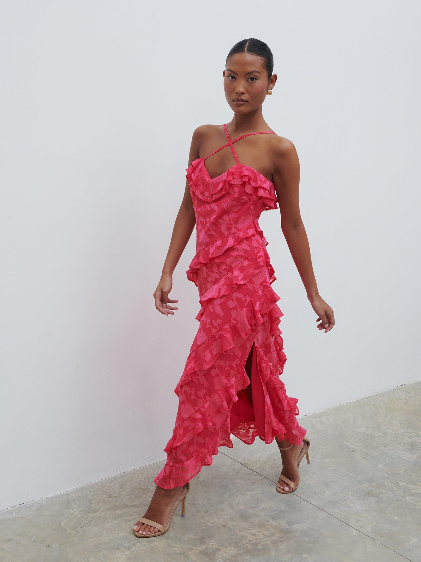 undefined Aryana Jacquard Ruffle Midaxi Dress - Pink