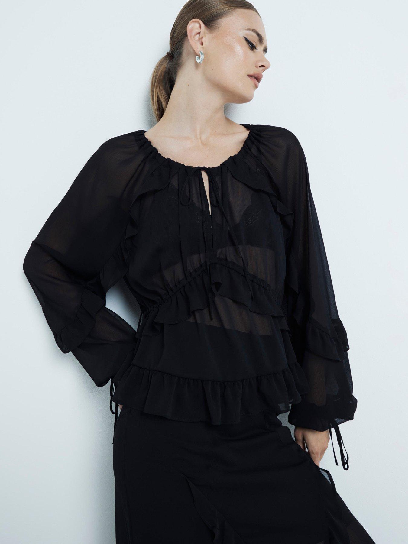 undefined Chiffon Ruffle Tie Detail Blouse - Black