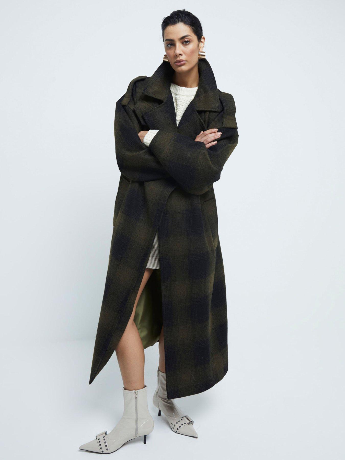 River Island Checked Belted Coat Dark Green Littlewoods